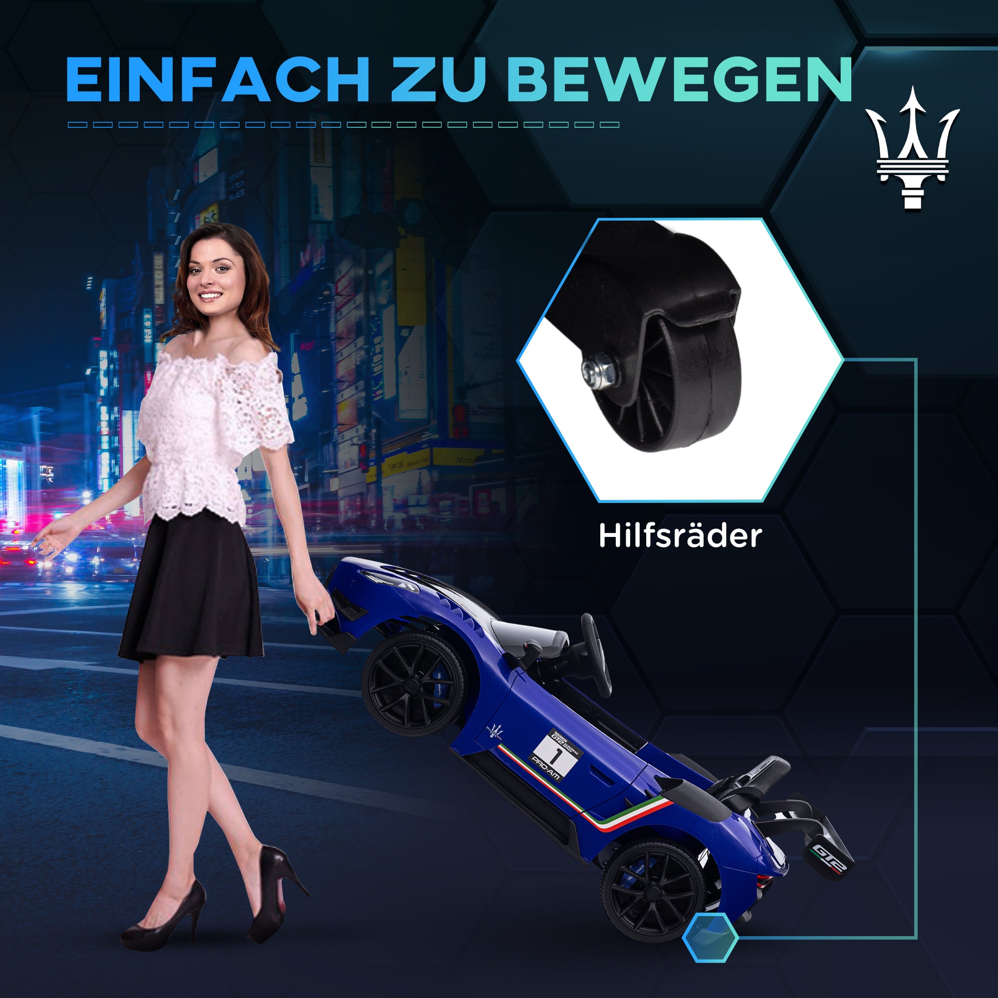 Kids Electric Car 12 V Maserati GT2 Children's Car with 2.4G Remote Control, Music, Horn, Four Shock-Absorbing Wheels, Electric Vehicle with Lights, Training Wheels, 3-5 km/h, for Kids 3-5 Years, Blue