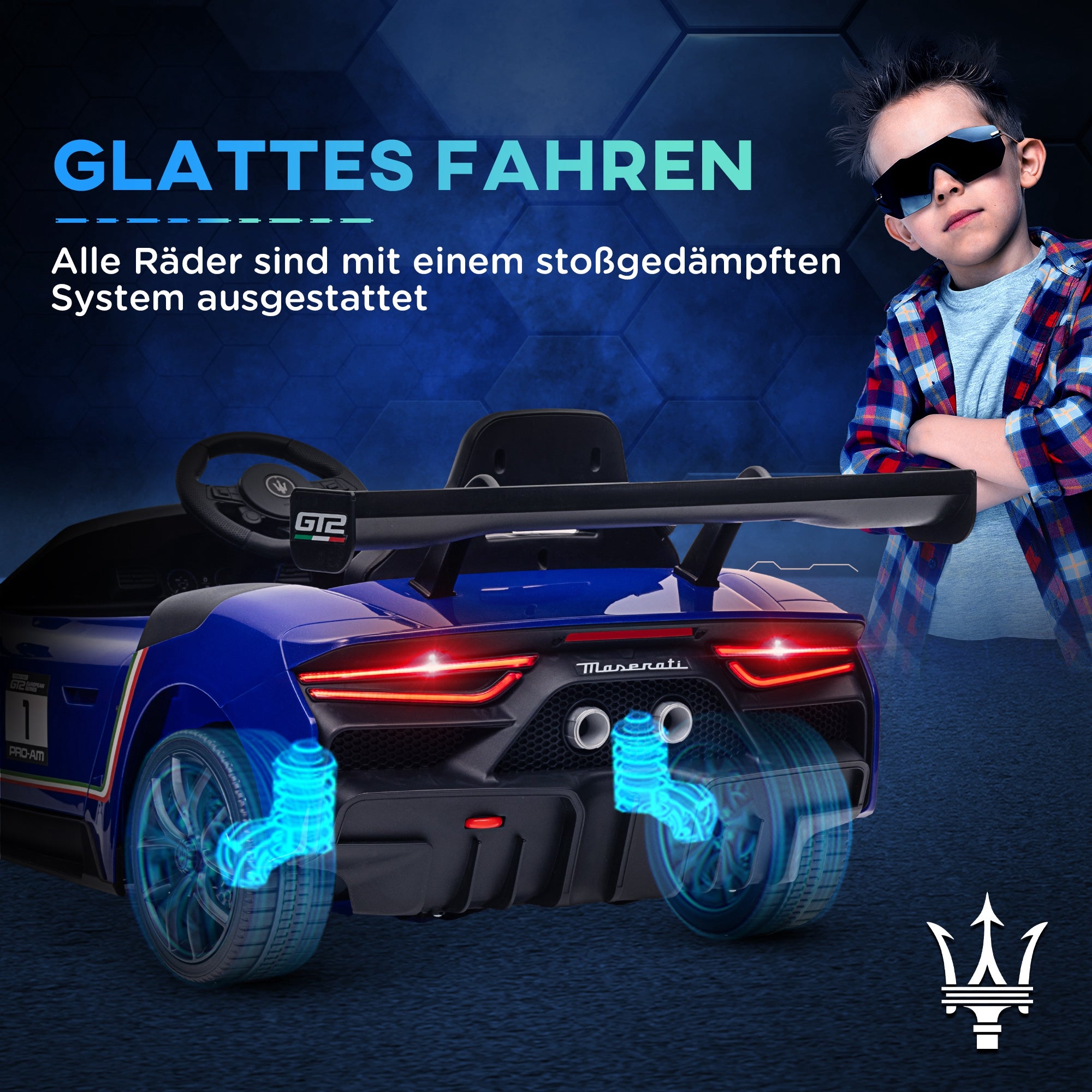 Kids Electric Car 12 V Maserati GT2 Children's Car with 2.4G Remote Control, Music, Horn, Four Shock-Absorbing Wheels, Electric Vehicle with Lights, Training Wheels, 3-5 km/h, for Kids 3-5 Years, Blue