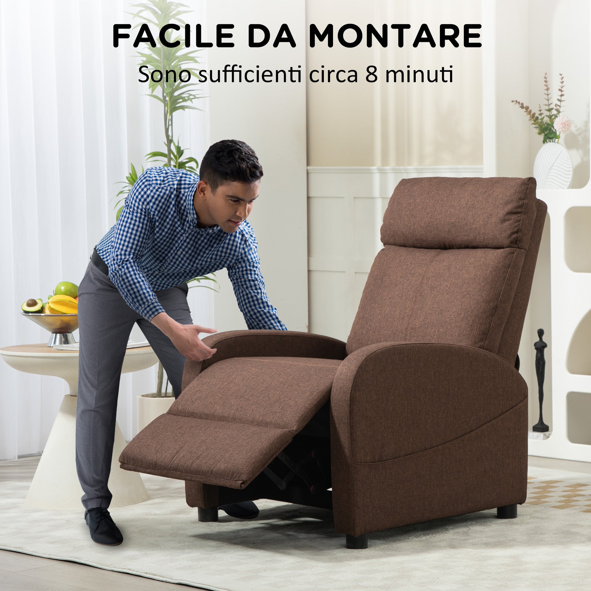 Manual Reclining Relax Armchair with Footrest, Linen Fabric Recliner for Bedroom, Living Room, Brown