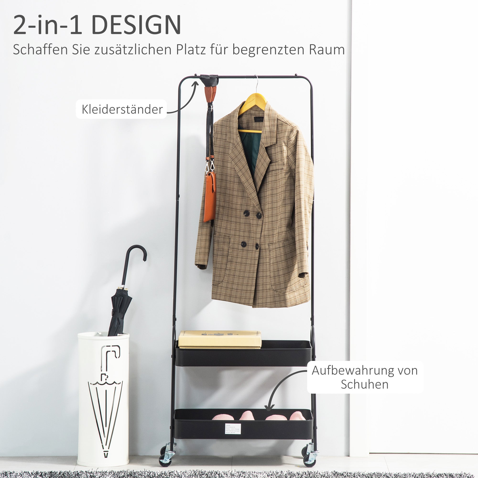 Clothes Rack on Wheels, Coat Stand with Clothes Rail, Shoe Rack, Freestanding Wardrobe made of Steel, for Living Room, Bedroom, up to 16 kg load capacity, Black