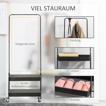 Clothes Rack on Wheels, Coat Stand with Clothes Rail, Shoe Rack, Freestanding Wardrobe made of Steel, for Living Room, Bedroom, up to 16 kg load capacity, Black