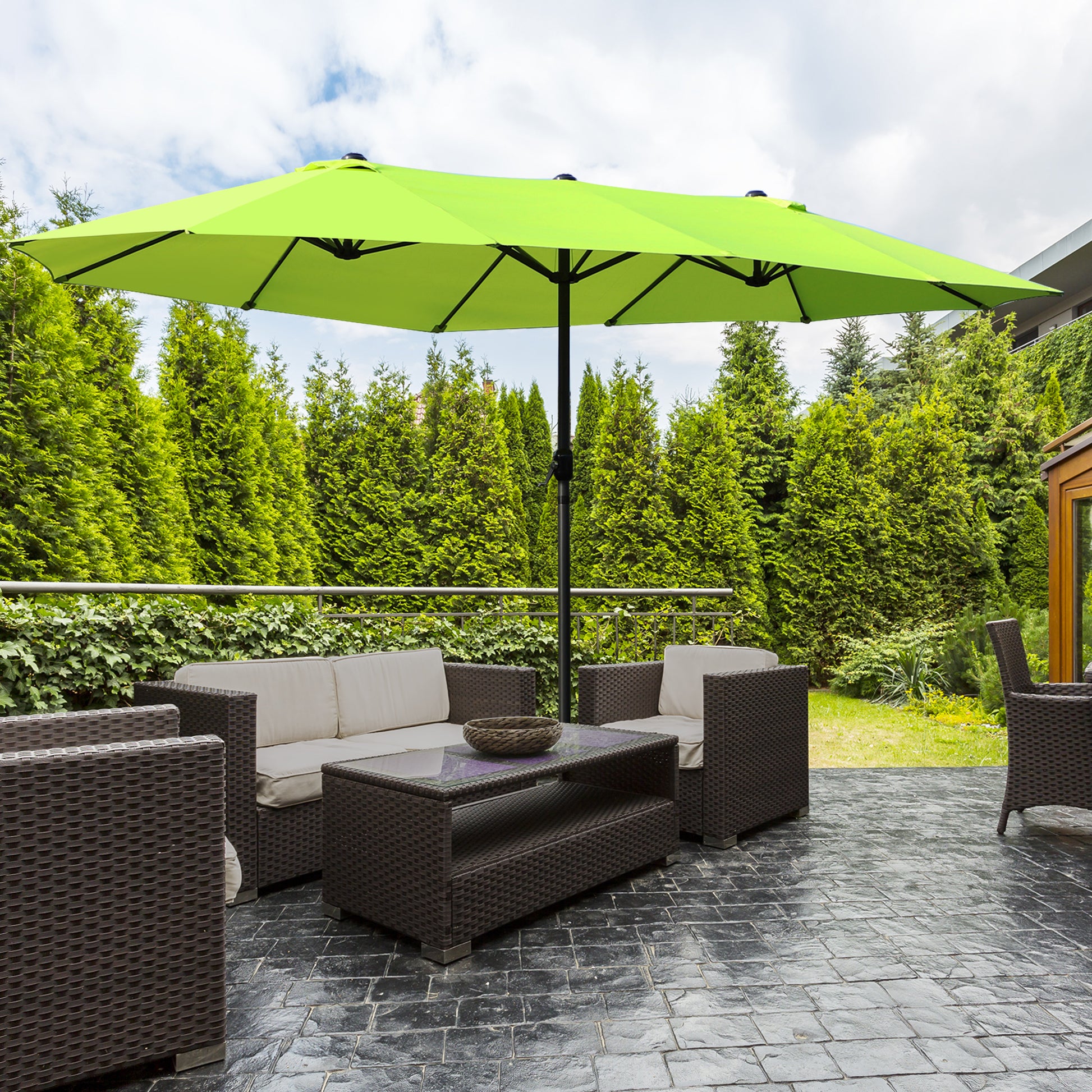 Double Sun Umbrella 455 x 265 cm, UV Protection Sunshade with Hand Crank, Patio Beach Windproof Crank Umbrella Sun Protection for Beach Balcony Garden, Green