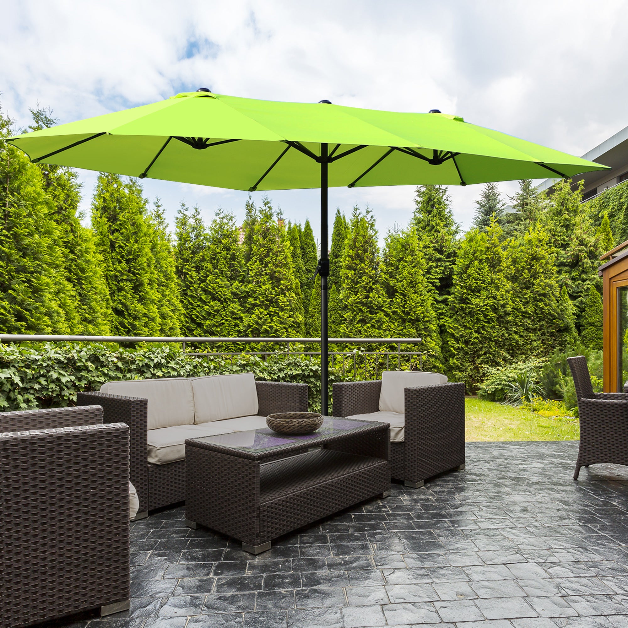 Double Sun Umbrella 455 x 265 cm, UV Protection Sunshade with Hand Crank, Patio Beach Windproof Crank Umbrella Sun Protection for Beach Balcony Garden, Green