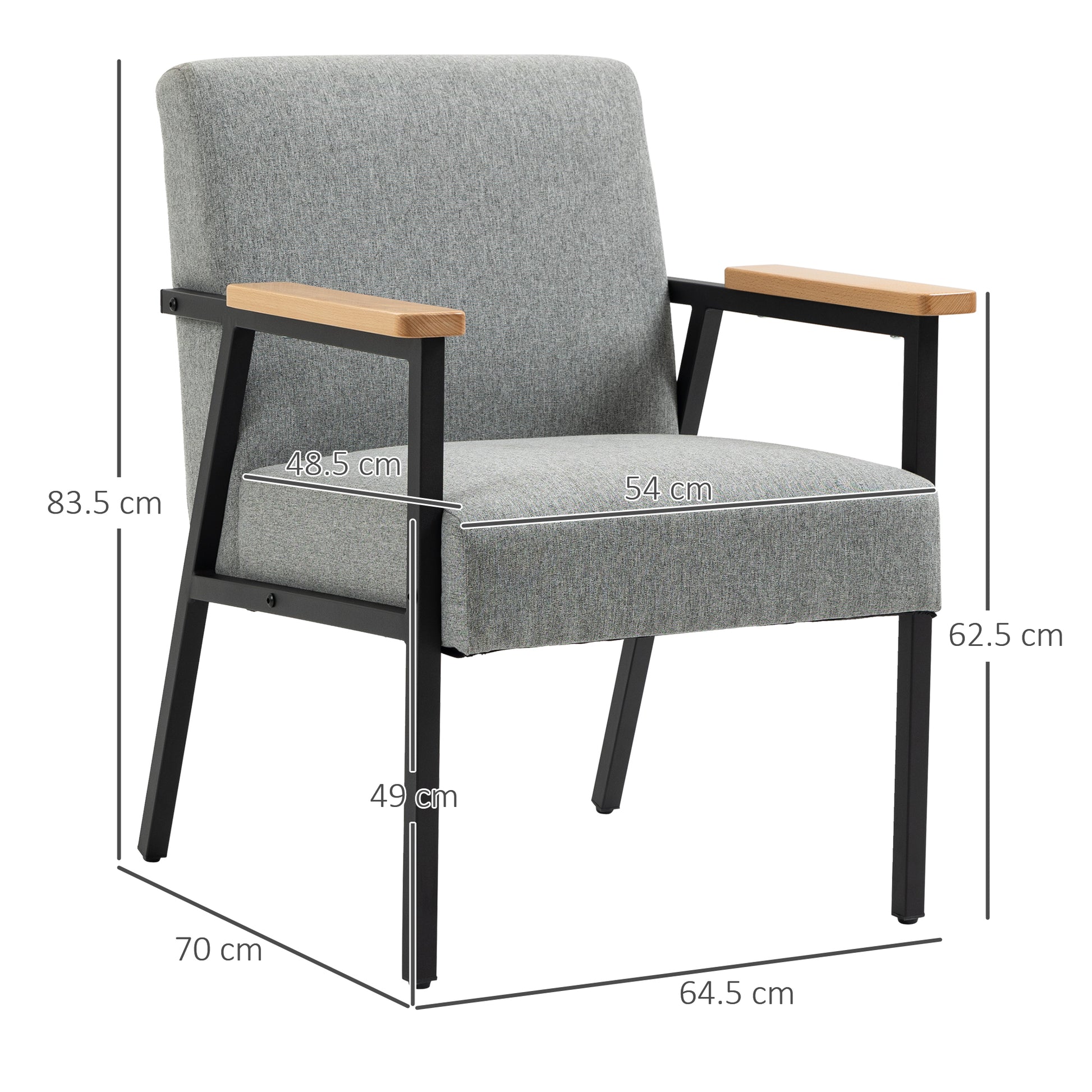 Upholstered Armchair, Accent Chair, Recliner with Linen Look, Dining Chair for Living Room, Bedroom, Gray, 64.5 x 70 x 83.5 cm