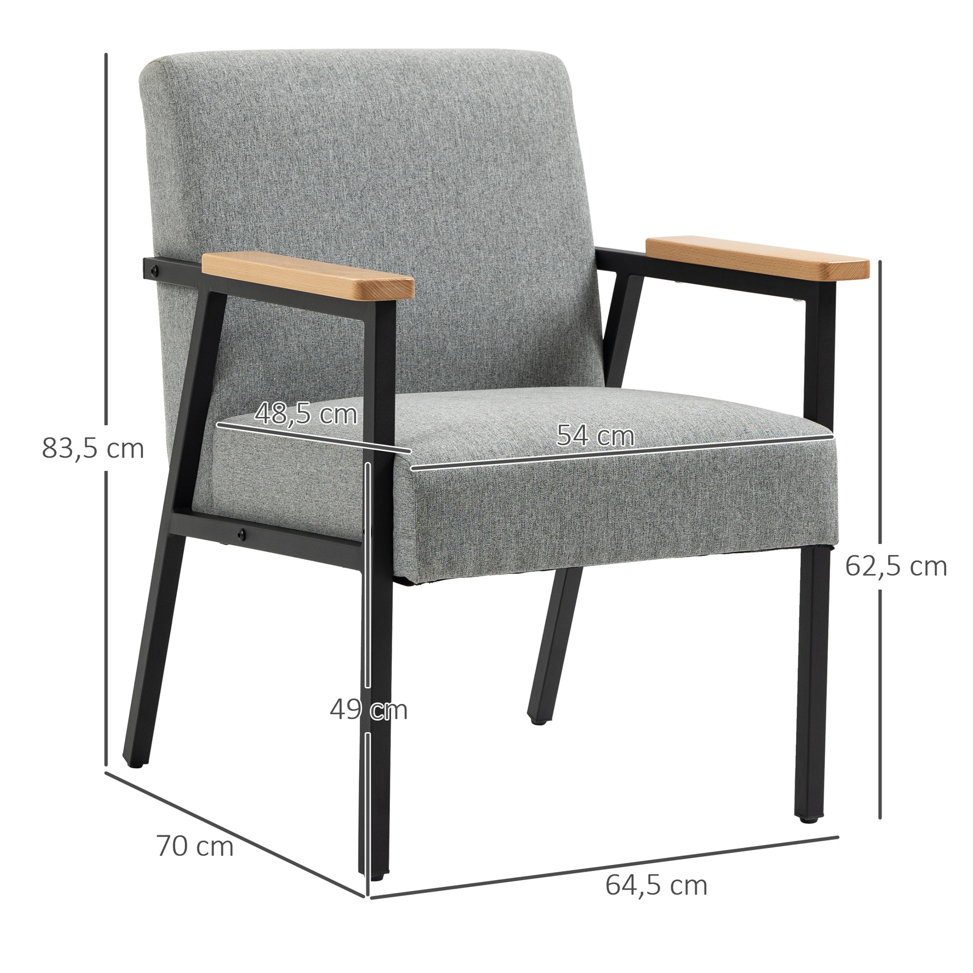 Upholstered Armchair, Accent Chair, Recliner with Linen Look, Dining Chair for Living Room, Bedroom, Gray, 64.5 x 70 x 83.5 cm