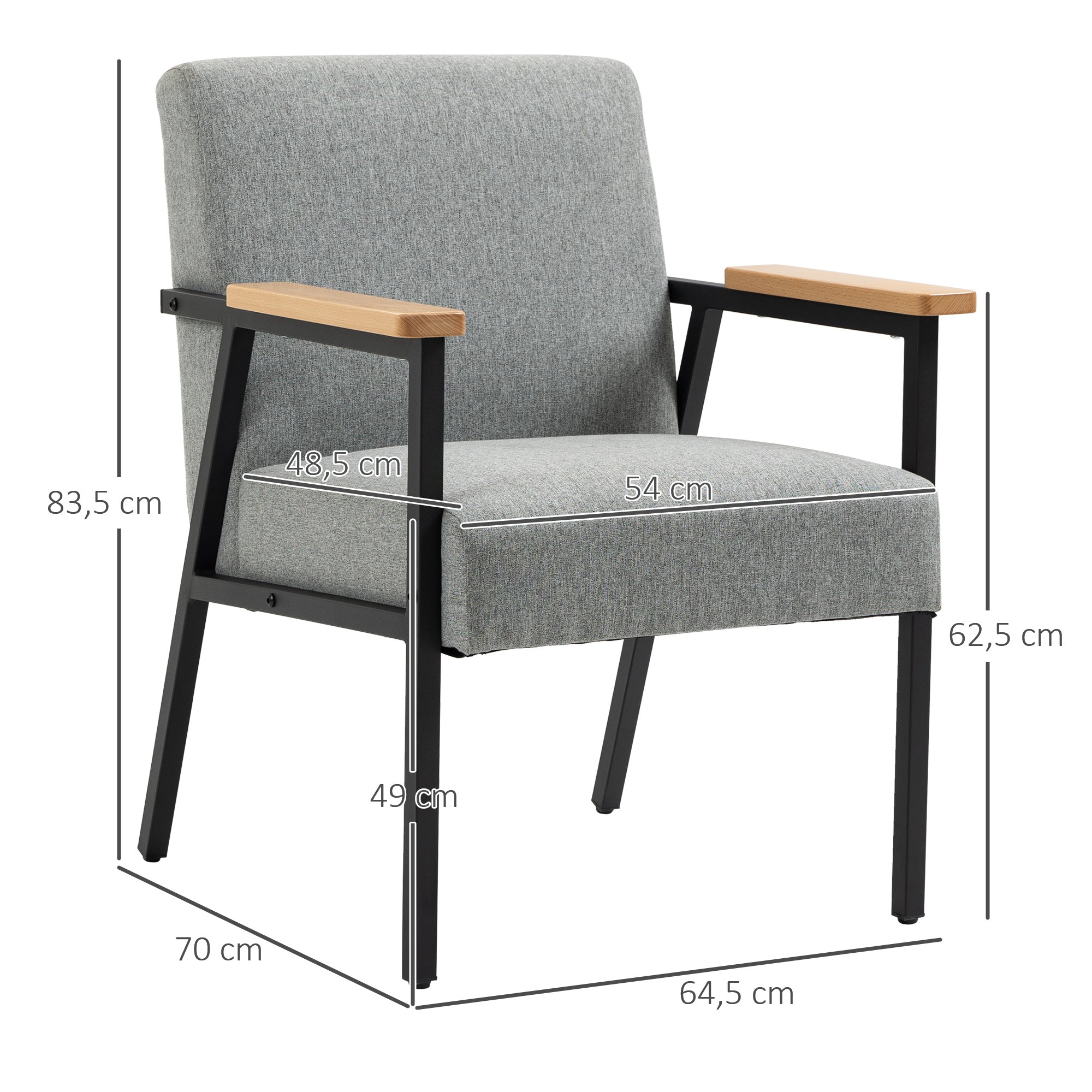 Upholstered Armchair, Accent Chair, Recliner with Linen Look, Dining Chair for Living Room, Bedroom, Gray, 64.5 x 70 x 83.5 cm