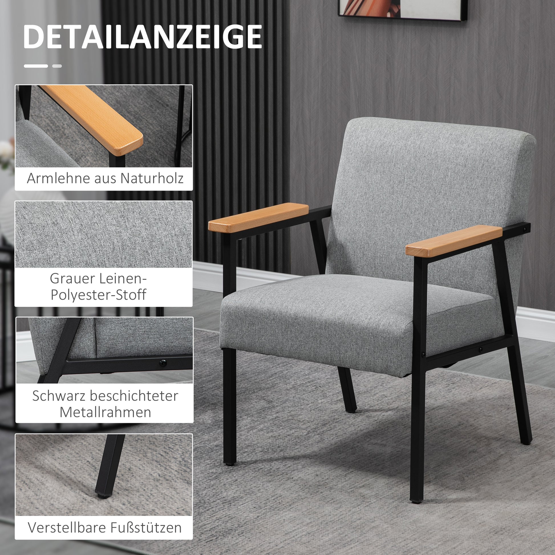 Upholstered Armchair, Accent Chair, Recliner with Linen Look, Dining Chair for Living Room, Bedroom, Gray, 64.5 x 70 x 83.5 cm