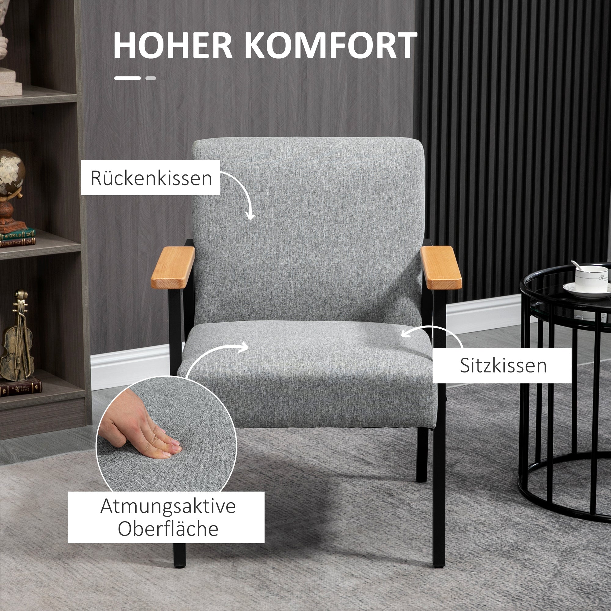 Upholstered Armchair, Accent Chair, Recliner with Linen Look, Dining Chair for Living Room, Bedroom, Gray, 64.5 x 70 x 83.5 cm