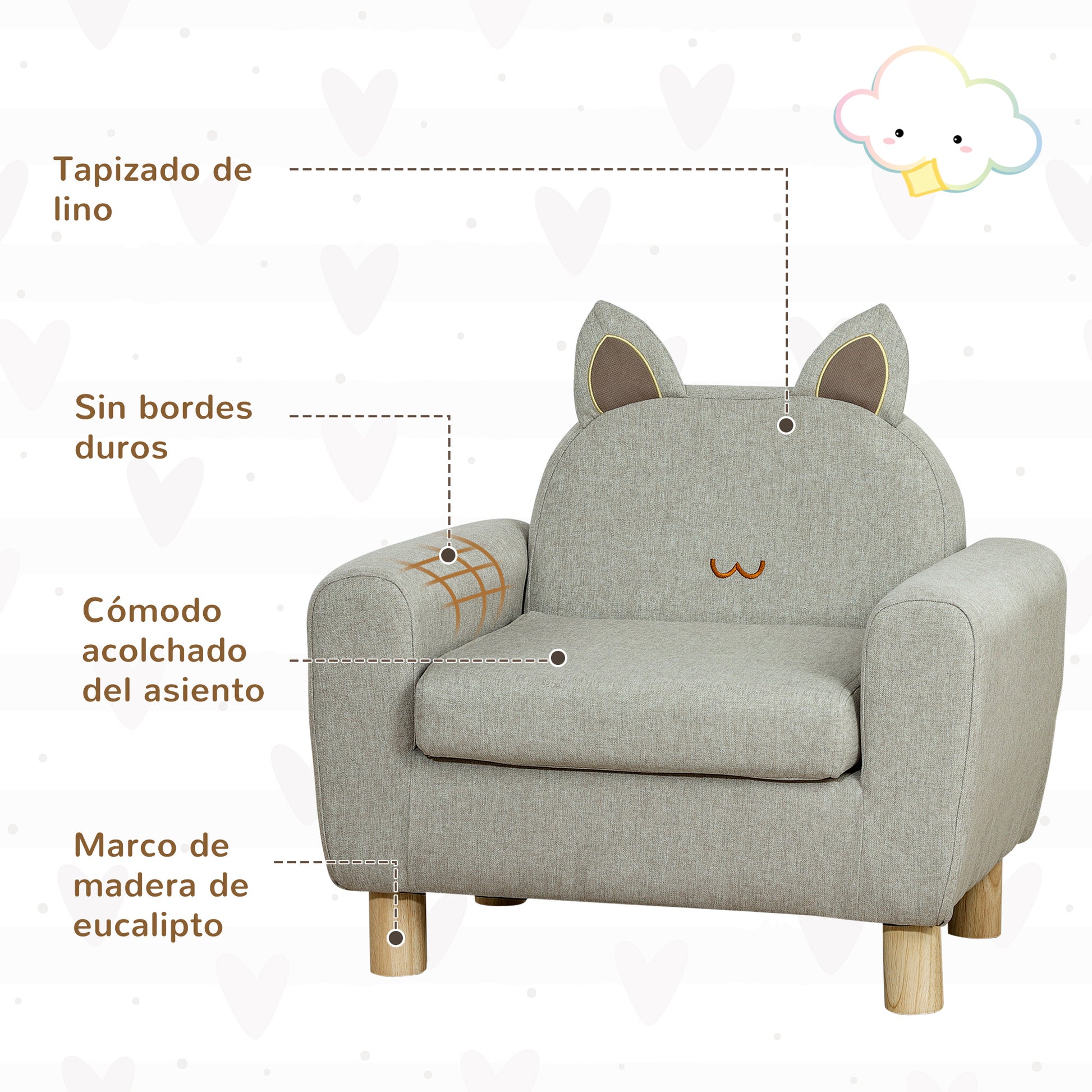 Children's Armchair Mini Sofa for +3 Years with Padded Seat Armrests Storage Pocket and Wooden Frame Load 45 kg 61x42x53 cm Gray