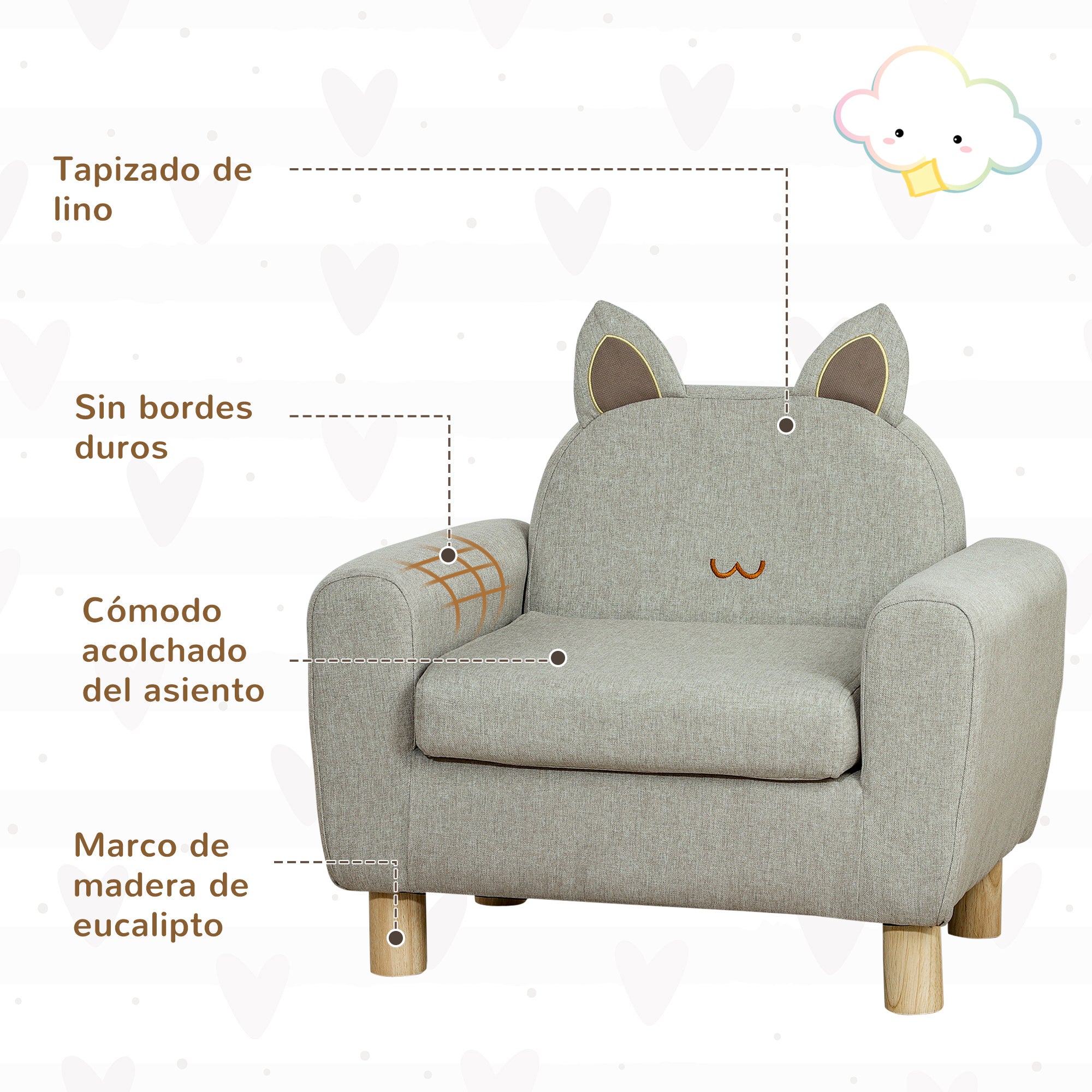Children's Armchair Mini Sofa for +3 Years with Padded Seat Armrests Storage Pocket and Wooden Frame Load 45 kg 61x42x53 cm Gray