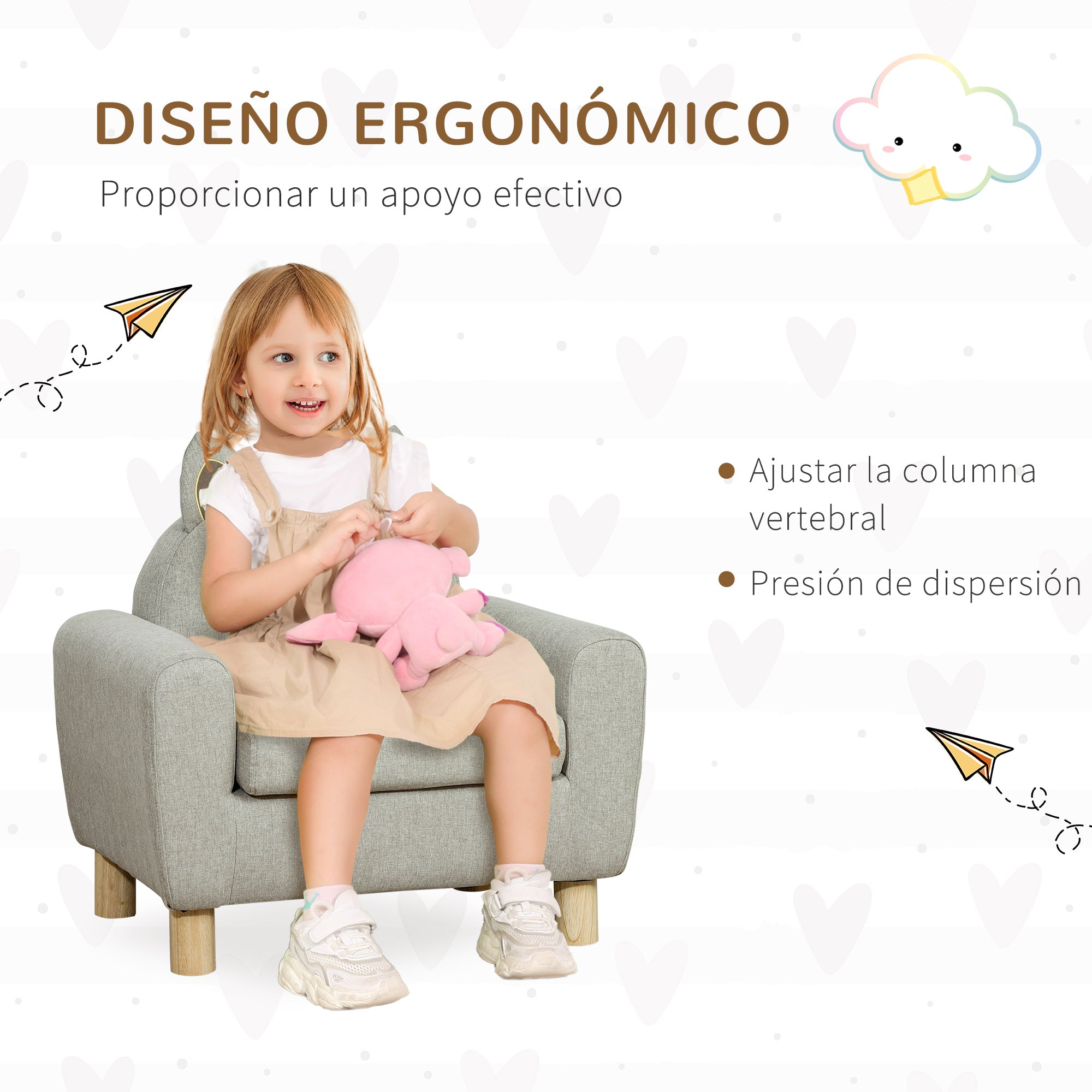 Children's Armchair Mini Sofa for +3 Years with Padded Seat Armrests Storage Pocket and Wooden Frame Load 45 kg 61x42x53 cm Gray