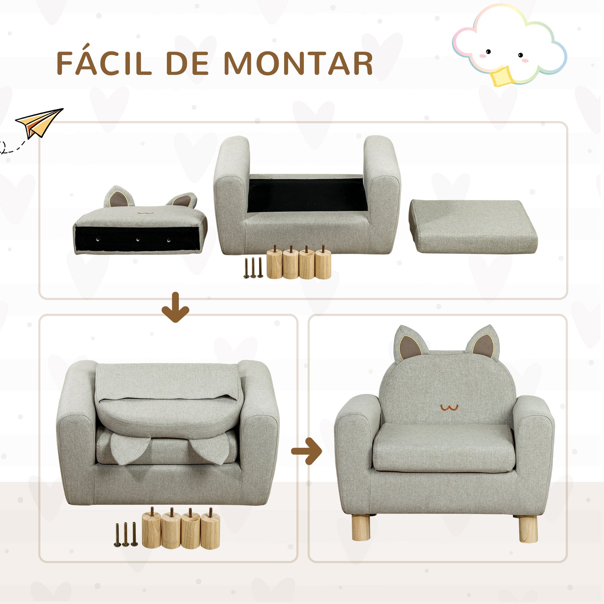 Children's Armchair Mini Sofa for +3 Years with Padded Seat Armrests Storage Pocket and Wooden Frame Load 45 kg 61x42x53 cm Gray