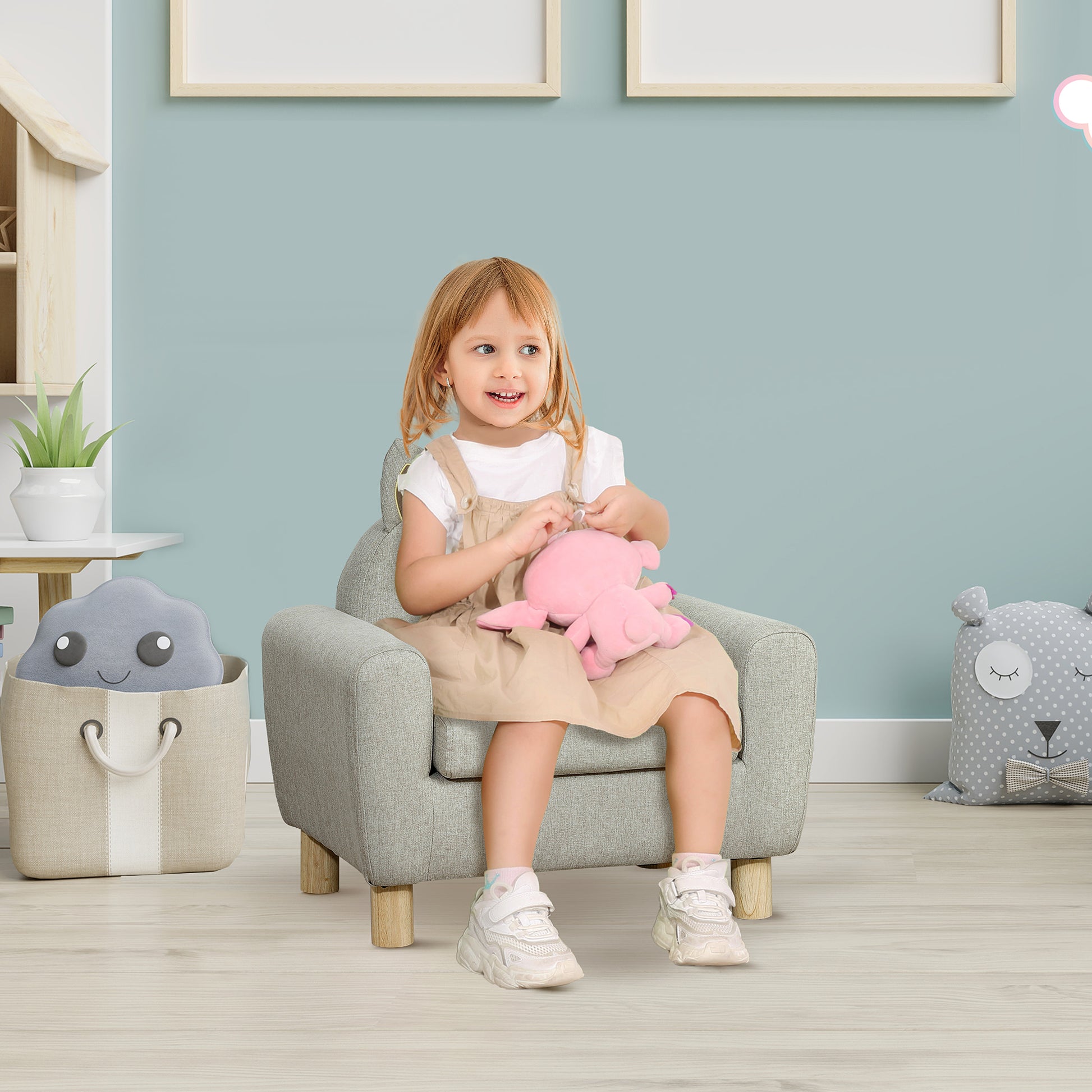 Children's Armchair Mini Sofa for +3 Years with Padded Seat Armrests Storage Pocket and Wooden Frame Load 45 kg 61x42x53 cm Gray