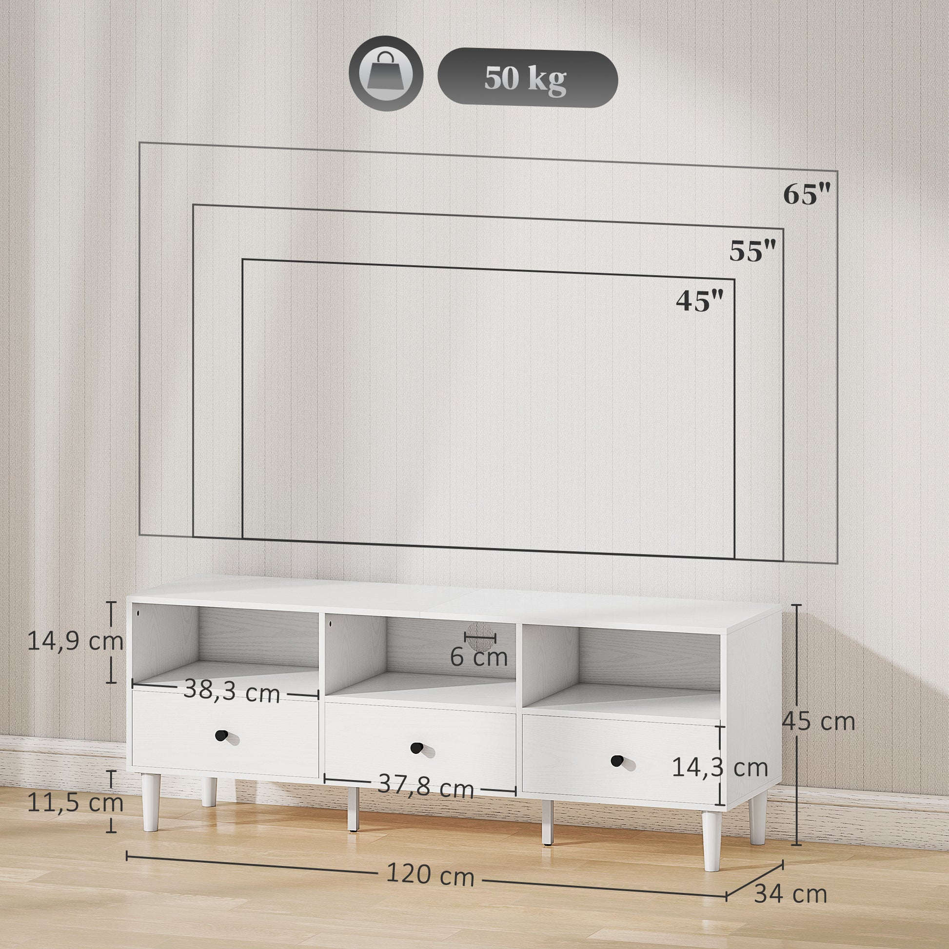 Modern TV Stand TV Stand for Living Room with 3 Open Compartments 3 Drawers and Cable Hole for 45/55/65 Inch TV 120x34x45 cm White