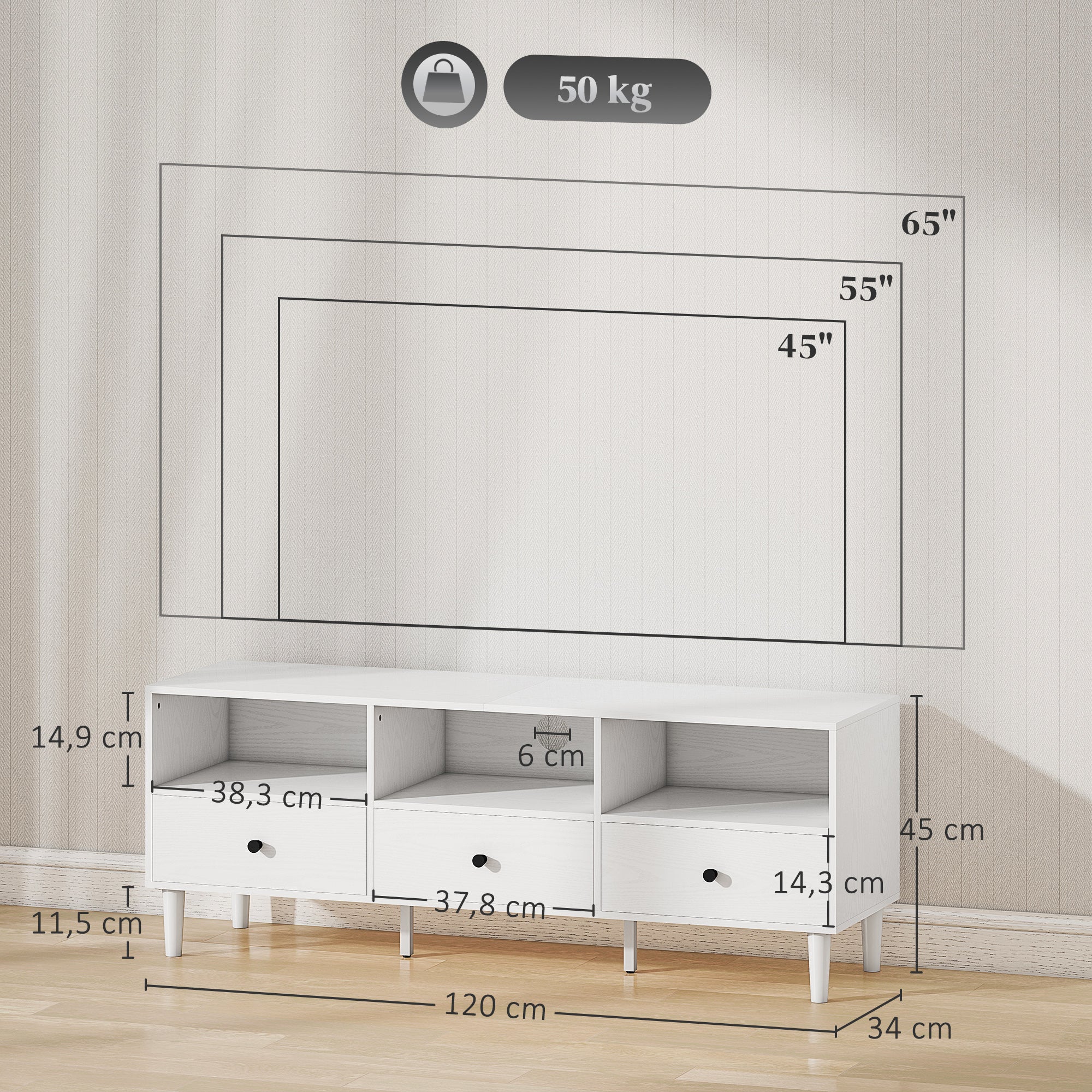 Modern TV Stand TV Stand for Living Room with 3 Open Compartments 3 Drawers and Cable Hole for 45/55/65 Inch TV 120x34x45 cm White