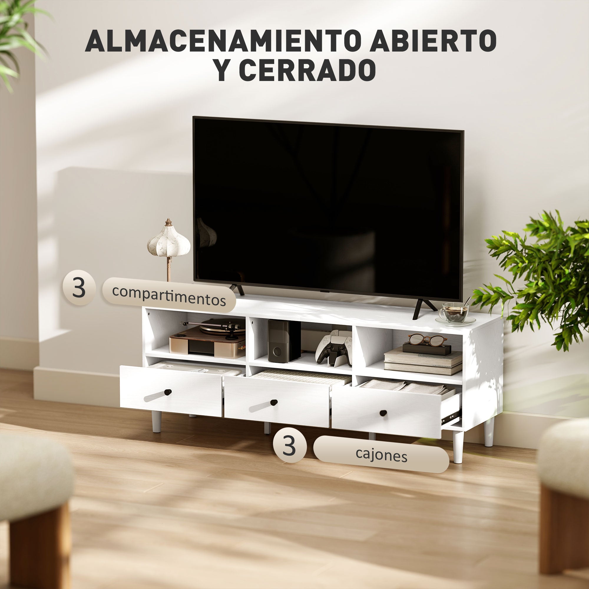 Modern TV Stand TV Stand for Living Room with 3 Open Compartments 3 Drawers and Cable Hole for 45/55/65 Inch TV 120x34x45 cm White