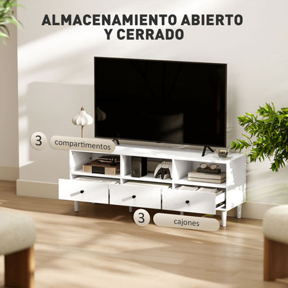 Modern TV Stand TV Stand for Living Room with 3 Open Compartments 3 Drawers and Cable Hole for 45/55/65 Inch TV 120x34x45 cm White