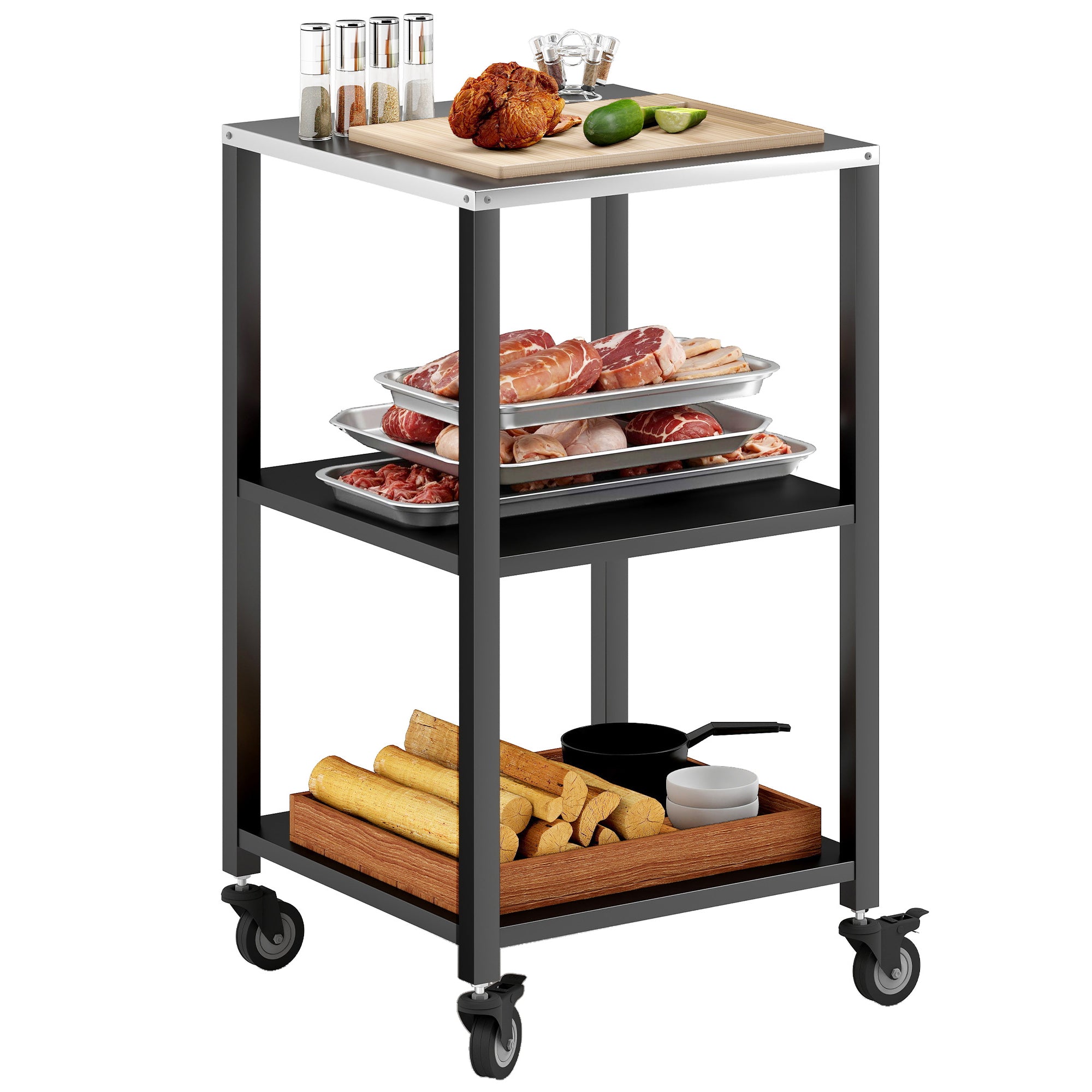 3-Tier BBQ Cart with Stainless Steel Worktop, Mobile Serving Trolley for Outdoor Grilling, 19.7 x 19.7 x 35.4 in, Black