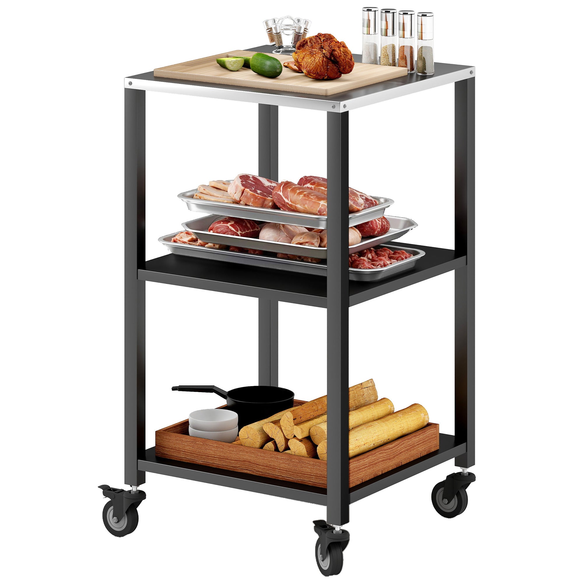 3-Tier BBQ Cart with Stainless Steel Worktop, Mobile Serving Trolley for Outdoor Grilling, 19.7 x 19.7 x 35.4 in, Black