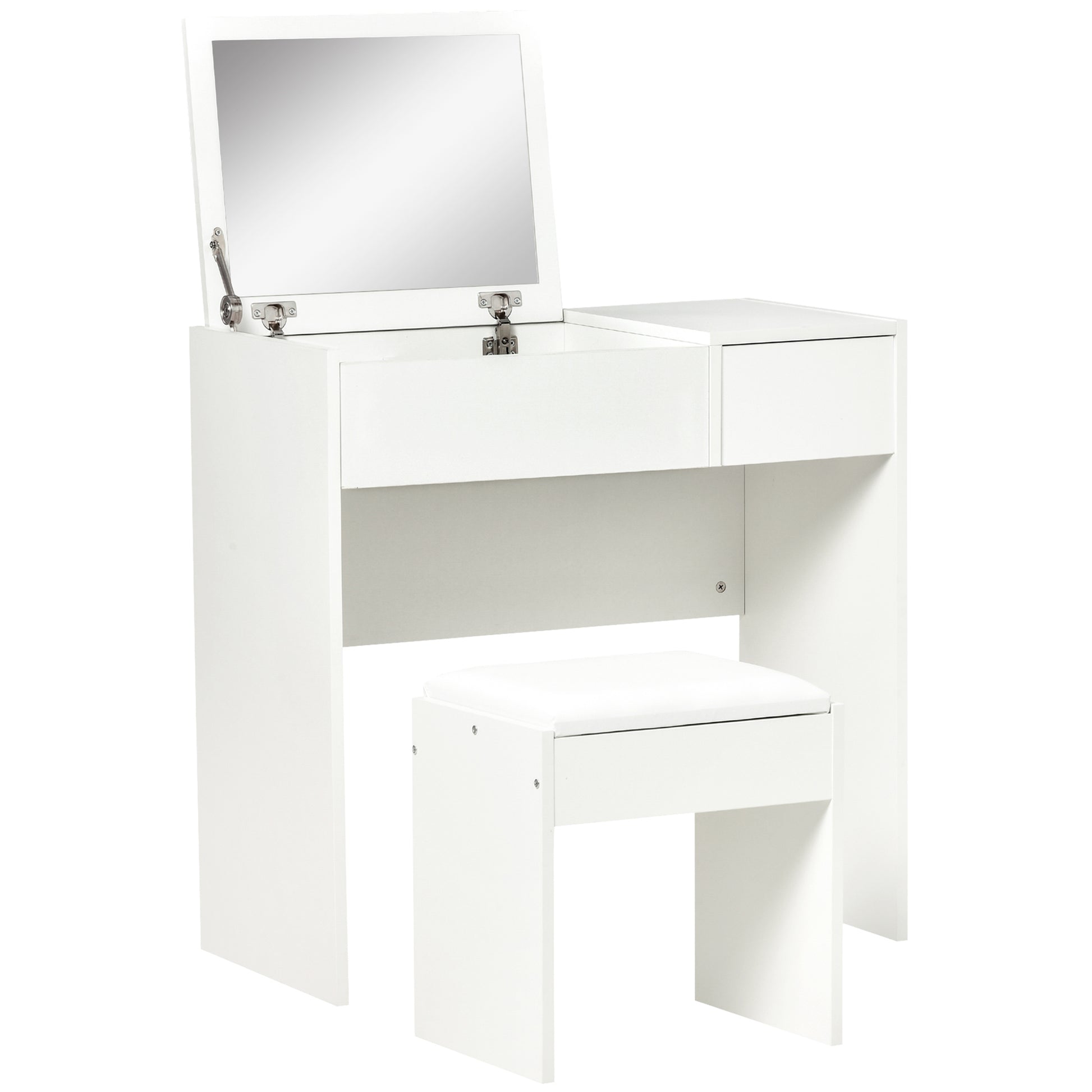 Contemporary Design Makeup Vanity Table 80L x 40W x 79H cm Retractable Mirror, Drawer, Storage White + Stool