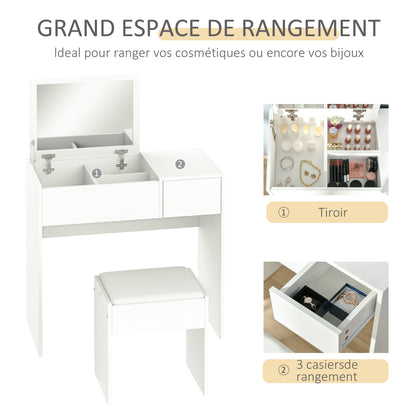 Contemporary Design Makeup Vanity Table 80L x 40W x 79H cm Retractable Mirror, Drawer, Storage White + Stool