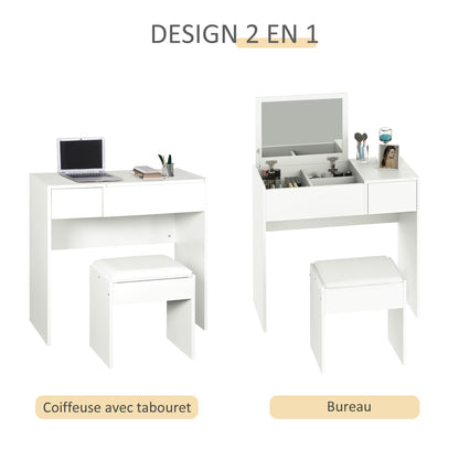 Contemporary Design Makeup Vanity Table 80L x 40W x 79H cm Retractable Mirror, Drawer, Storage White + Stool