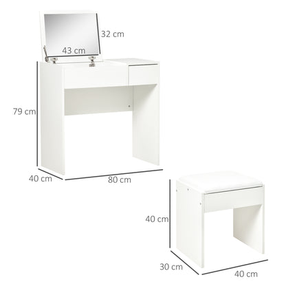 Contemporary Design Makeup Vanity Table 80L x 40W x 79H cm Retractable Mirror, Drawer, Storage White + Stool