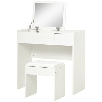 Contemporary Design Makeup Vanity Table 80L x 40W x 79H cm Retractable Mirror, Drawer, Storage White + Stool