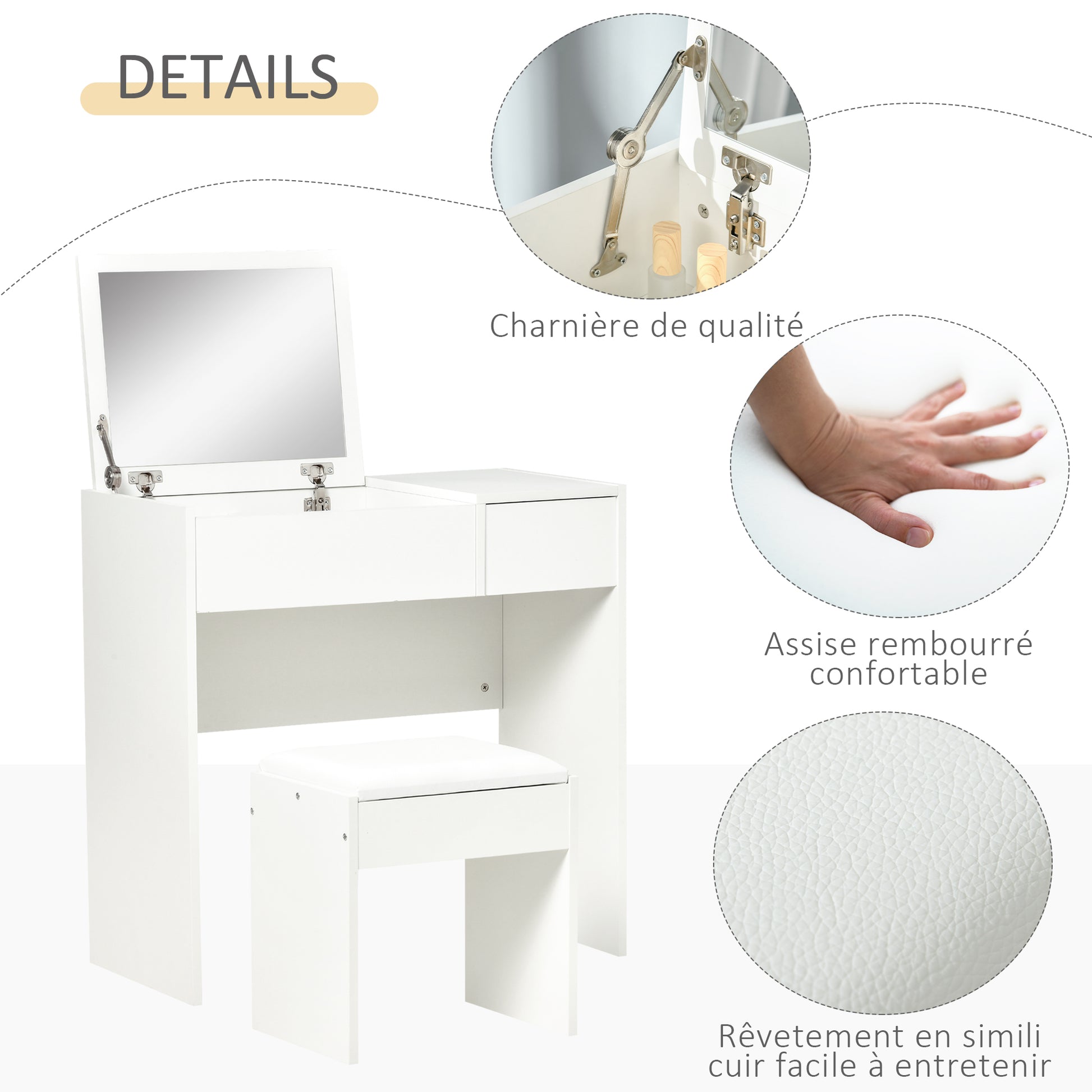 Contemporary Design Makeup Vanity Table 80L x 40W x 79H cm Retractable Mirror, Drawer, Storage White + Stool