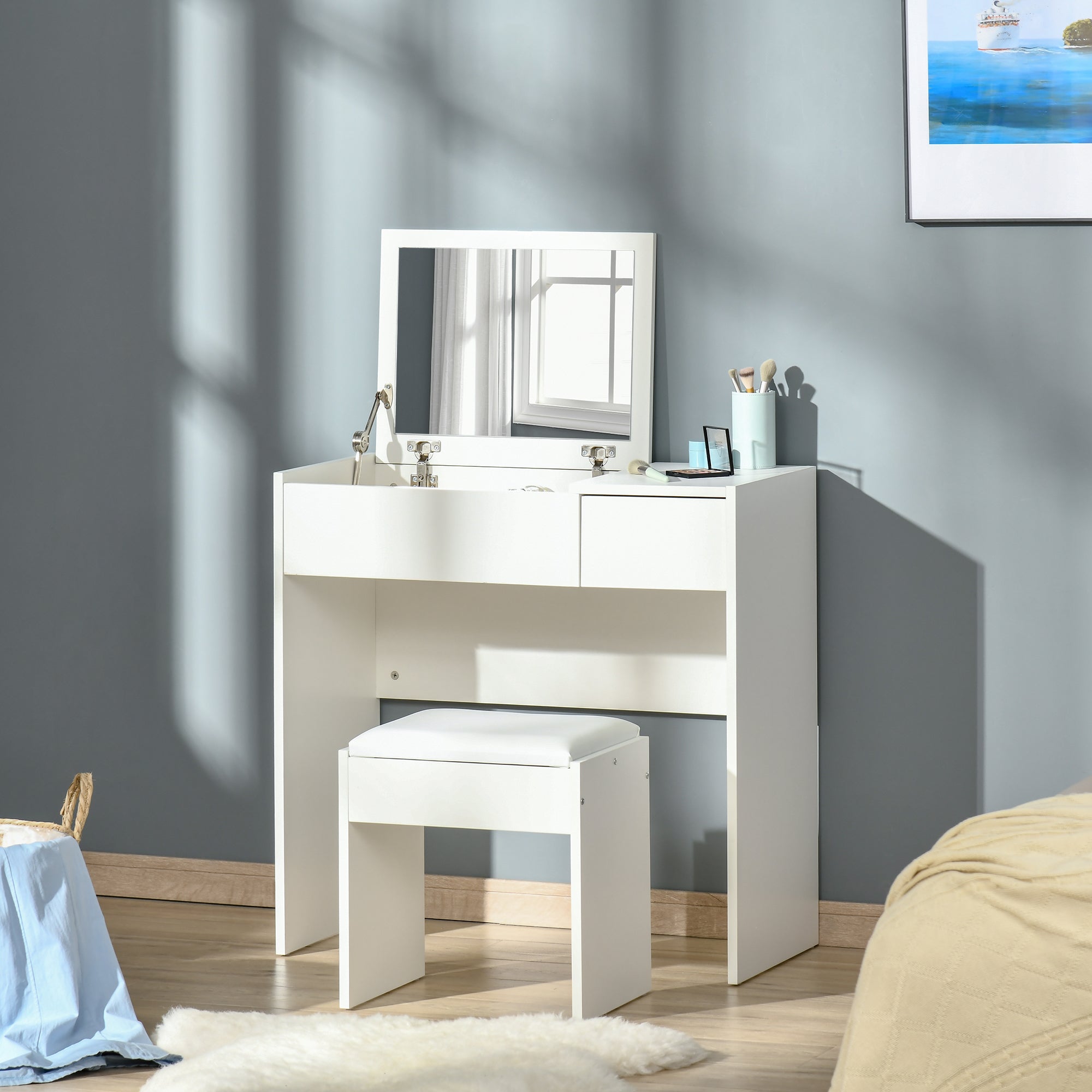 Contemporary Design Makeup Vanity Table 80L x 40W x 79H cm Retractable Mirror, Drawer, Storage White + Stool