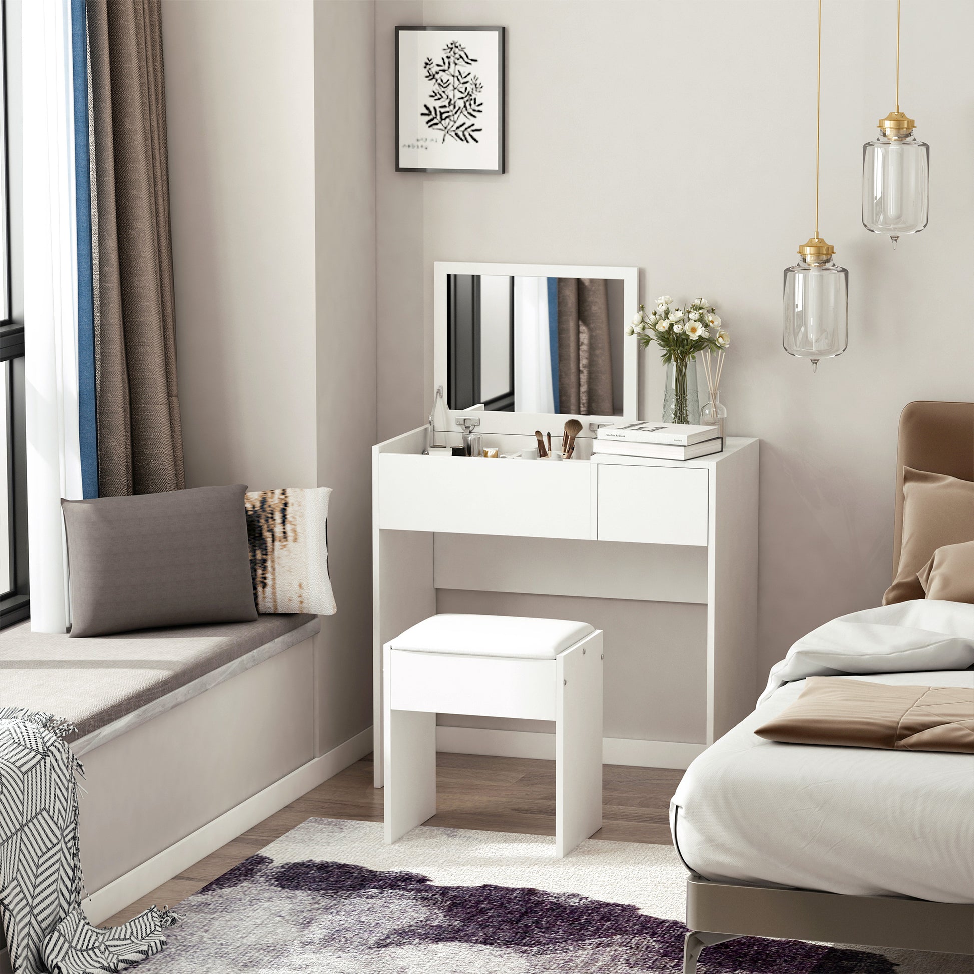 Contemporary Design Makeup Vanity Table 80L x 40W x 79H cm Retractable Mirror, Drawer, Storage White + Stool