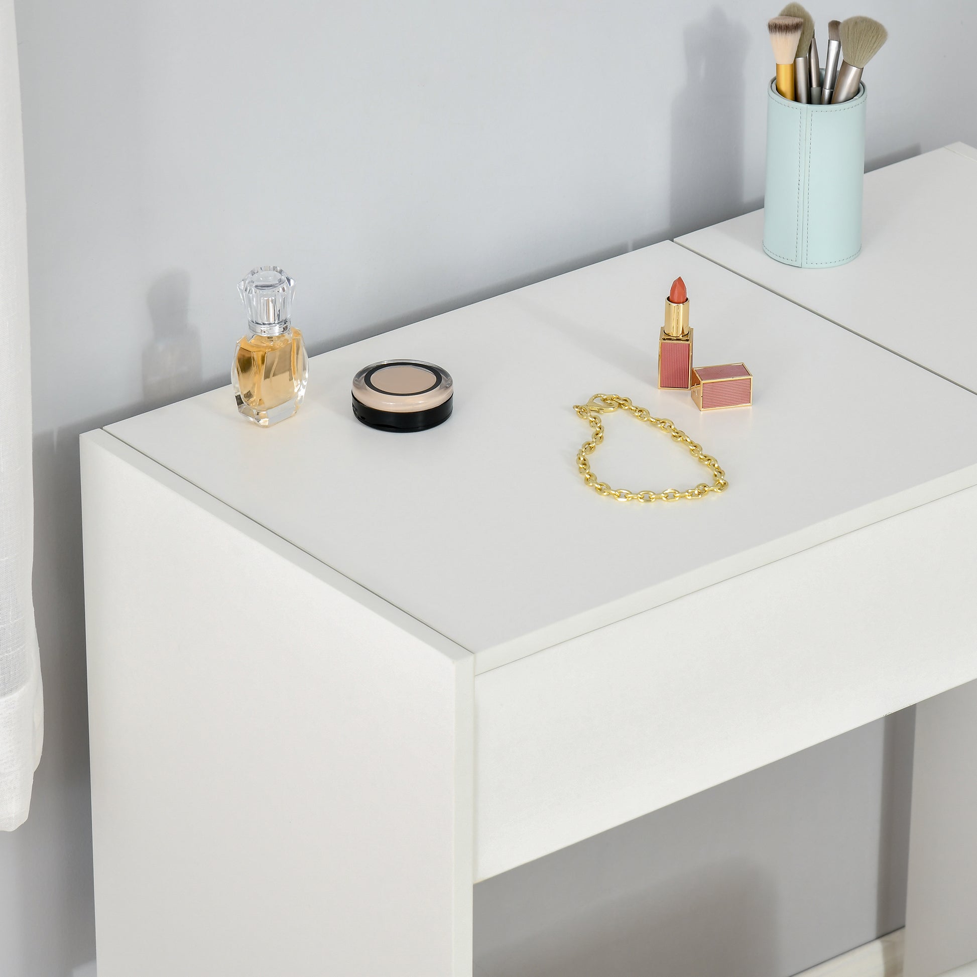 Contemporary Design Makeup Vanity Table 80L x 40W x 79H cm Retractable Mirror, Drawer, Storage White + Stool