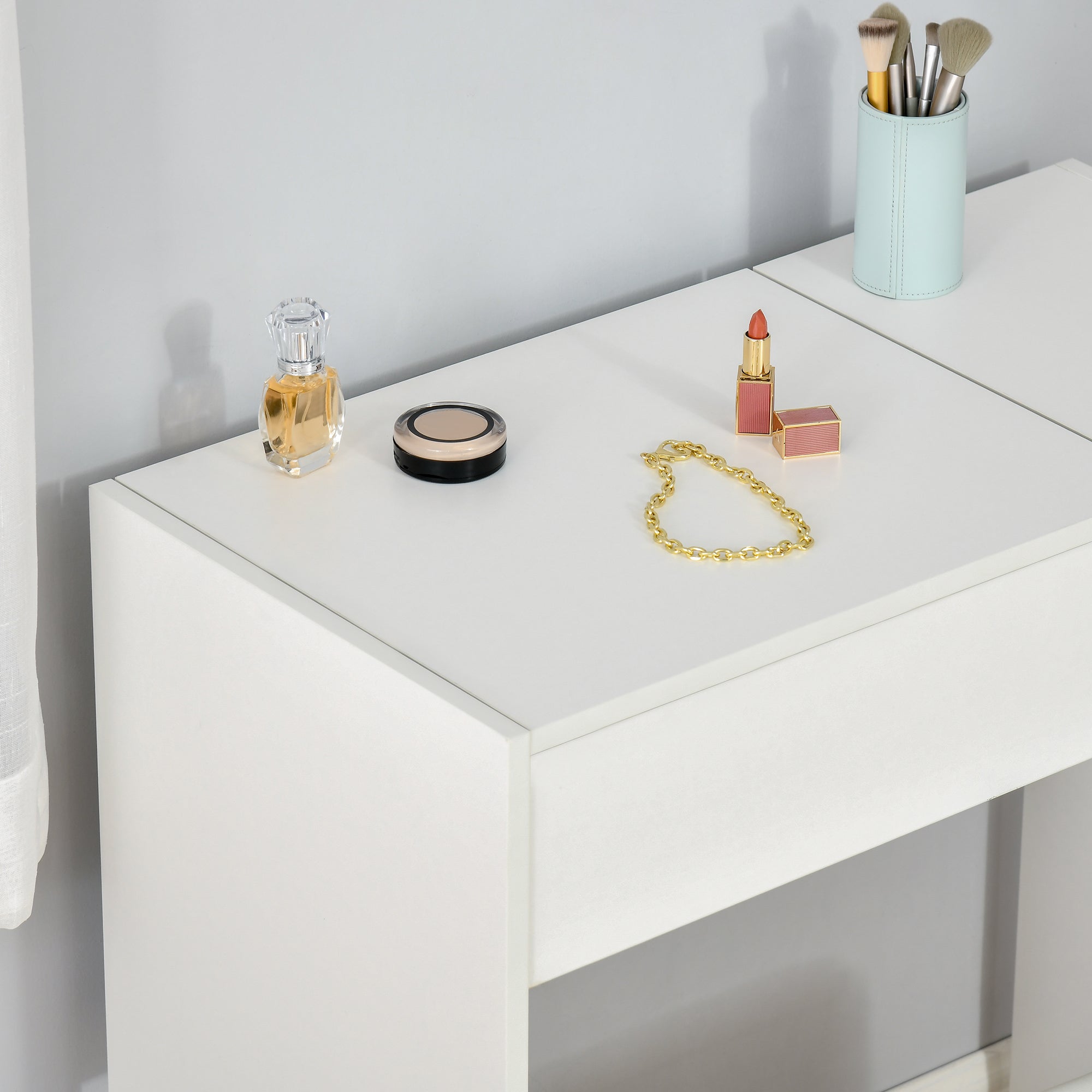 Contemporary Design Makeup Vanity Table 80L x 40W x 79H cm Retractable Mirror, Drawer, Storage White + Stool