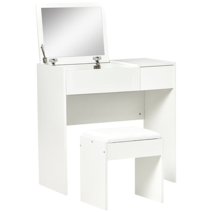 Contemporary Design Makeup Vanity Table 80L x 40W x 79H cm Retractable Mirror, Drawer, Storage White + Stool