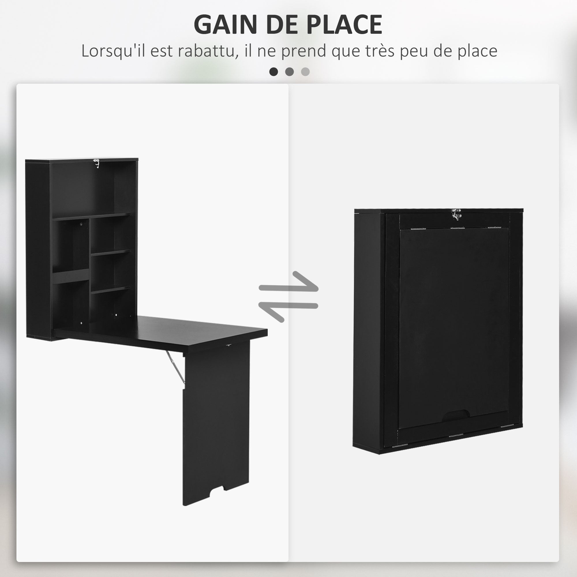 Fold-Down Wall Desk Wall-Mounted Folding Table with Shelf + Integrated Chalkboard MDF Black