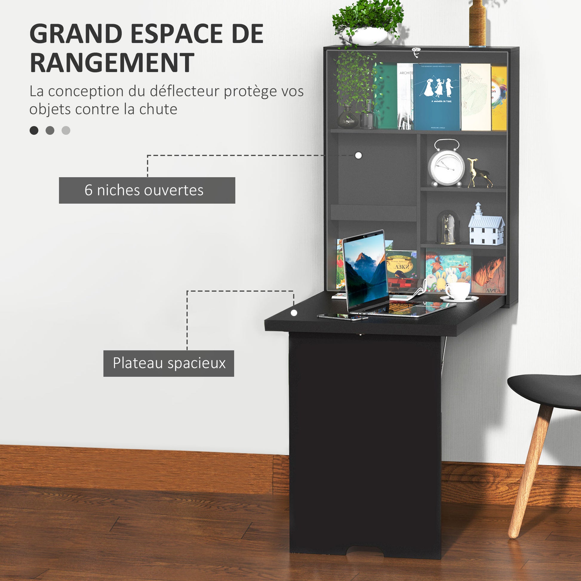 Fold-Down Wall Desk Wall-Mounted Folding Table with Shelf + Integrated Chalkboard MDF Black
