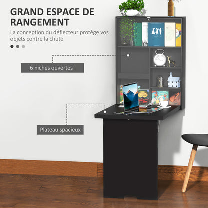 Fold-Down Wall Desk Wall-Mounted Folding Table with Shelf + Integrated Chalkboard MDF Black