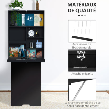 Fold-Down Wall Desk Wall-Mounted Folding Table with Shelf + Integrated Chalkboard MDF Black