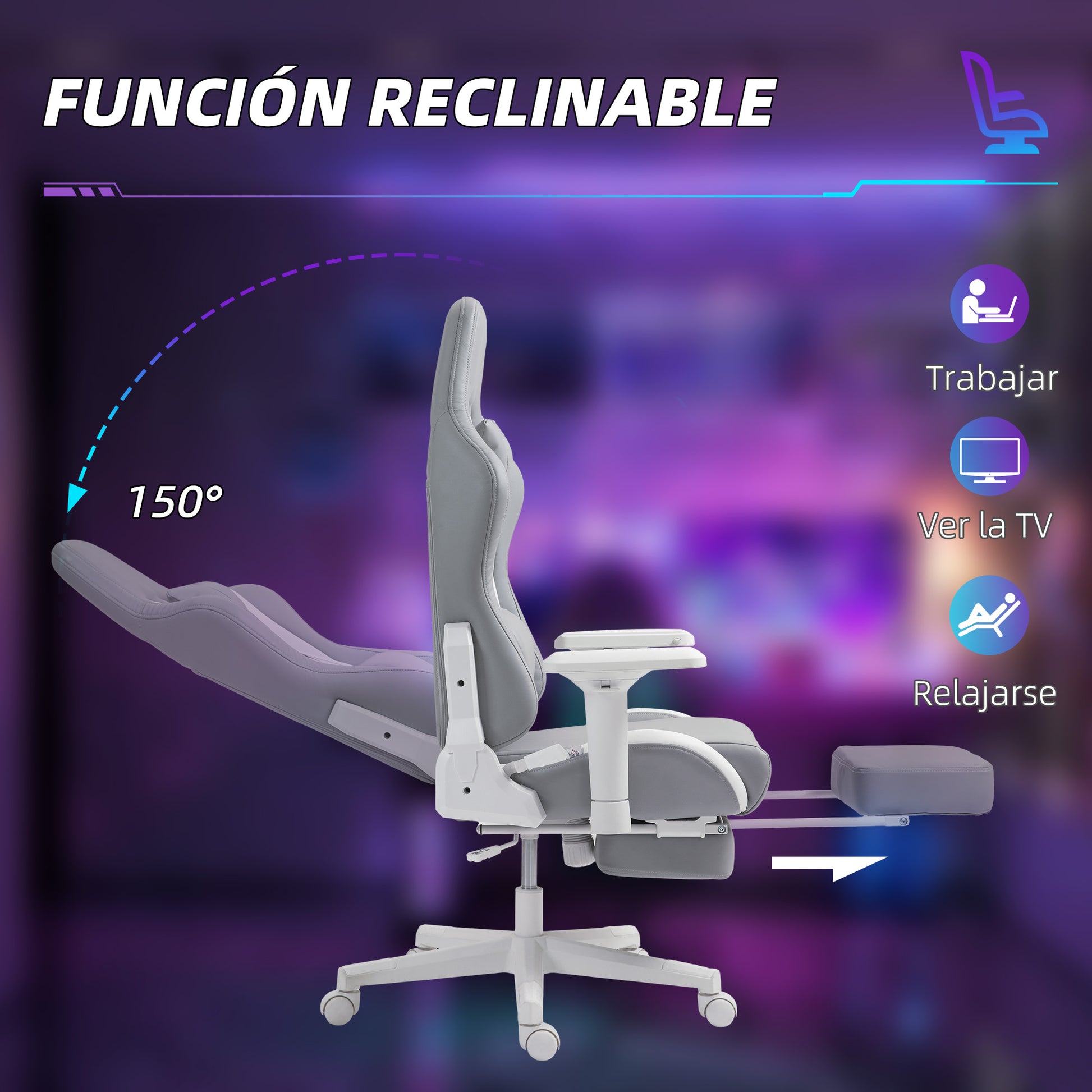 Gaming Chair Gamer Chair Reclining with Adjustable Height Retractable Footrest Lumbar Support and Detachable Headrest Office Chair Light Gray and White