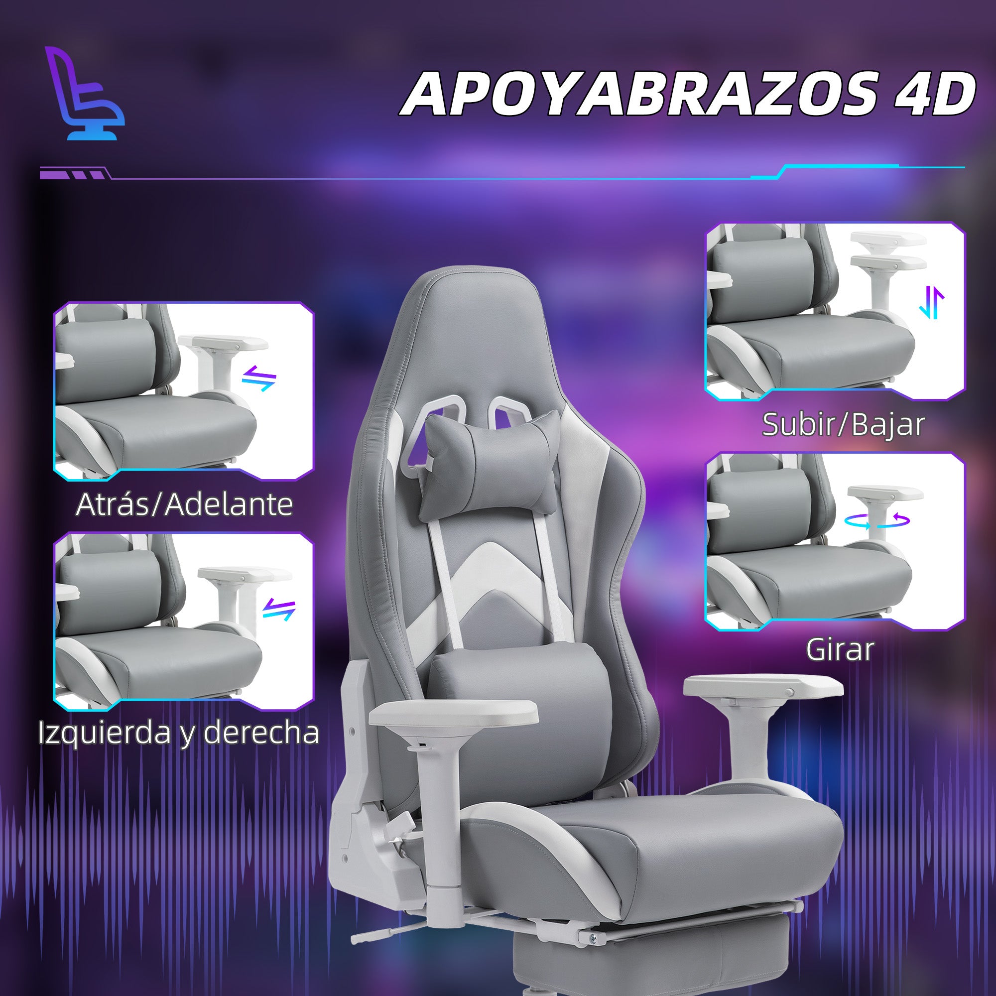 Gaming Chair Gamer Chair Reclining with Adjustable Height Retractable Footrest Lumbar Support and Detachable Headrest Office Chair Light Gray and White