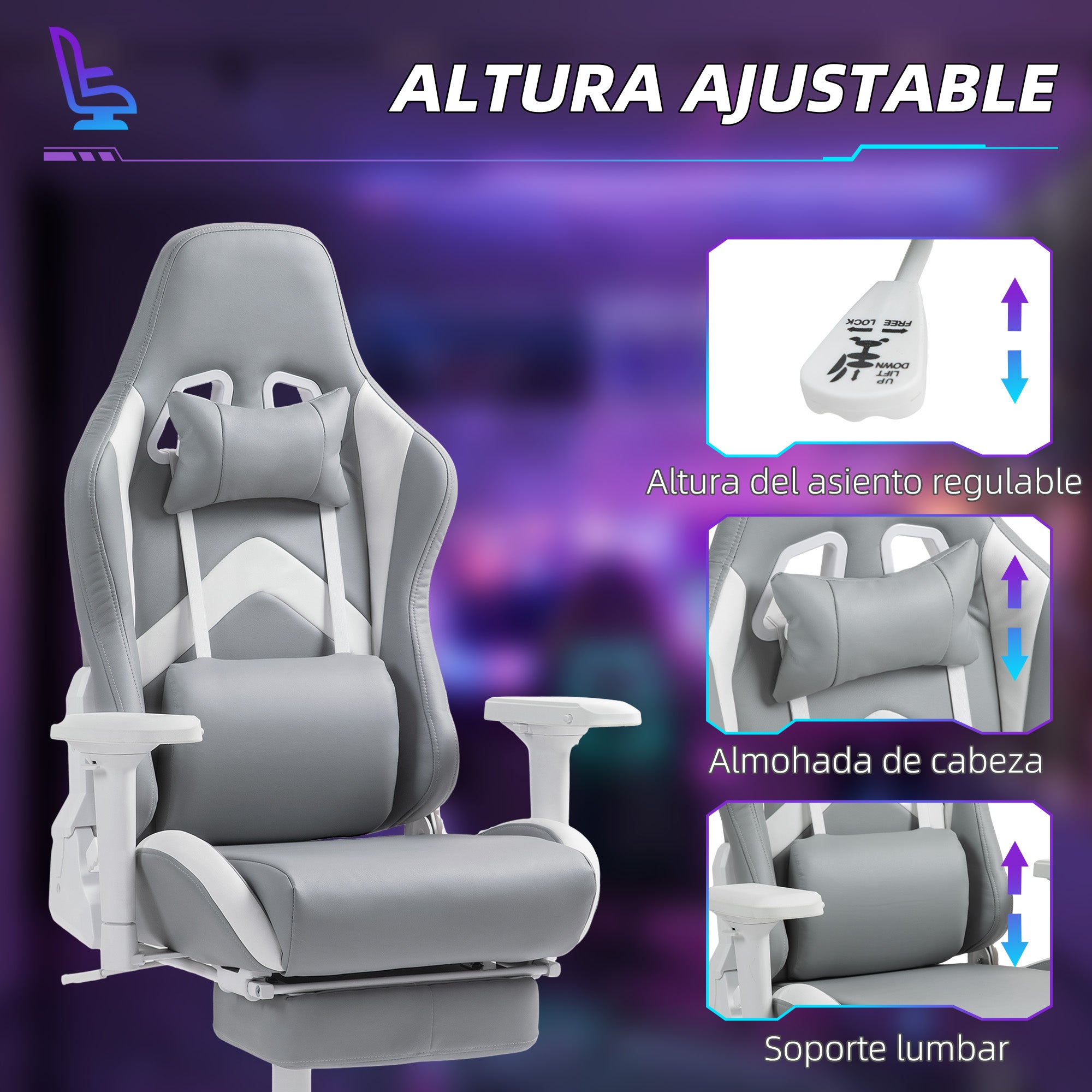 Gaming Chair Gamer Chair Reclining with Adjustable Height Retractable Footrest Lumbar Support and Detachable Headrest Office Chair Light Gray and White