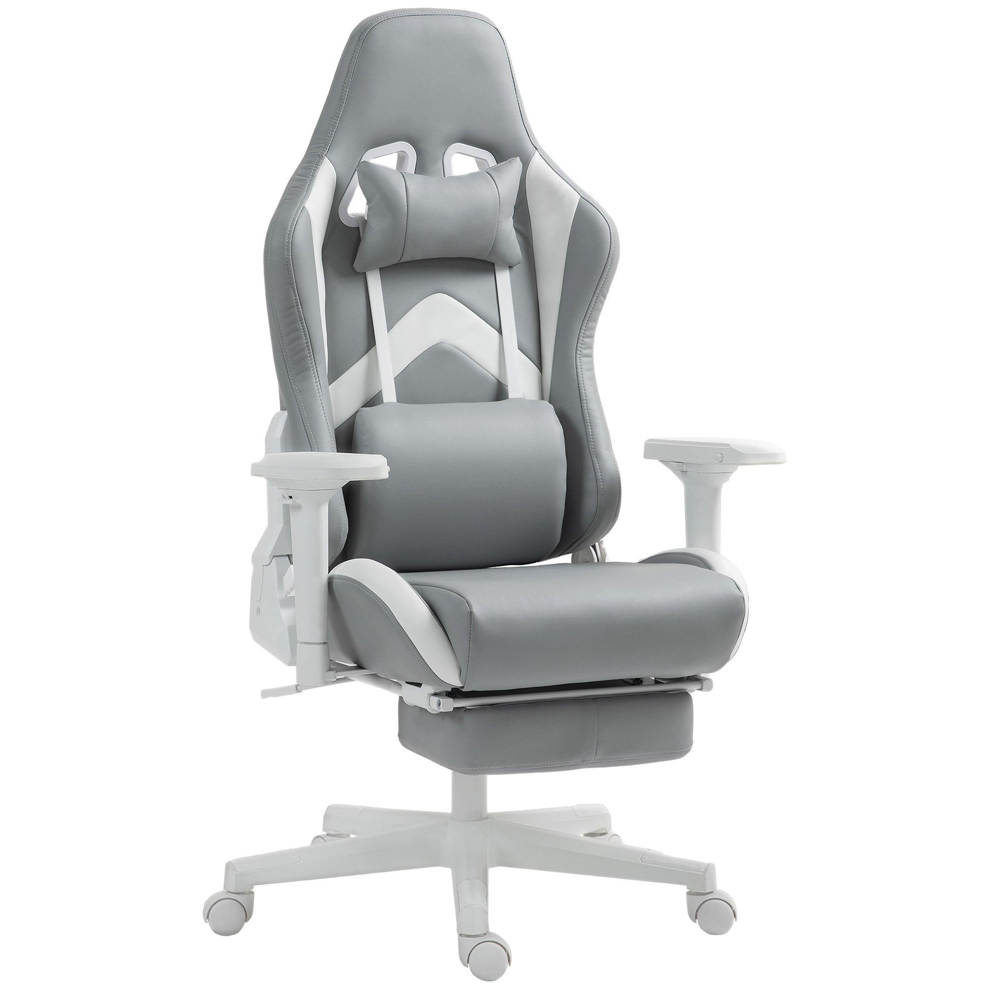 Gaming Chair Gamer Chair Reclining with Adjustable Height Retractable Footrest Lumbar Support and Detachable Headrest Office Chair Light Gray and White