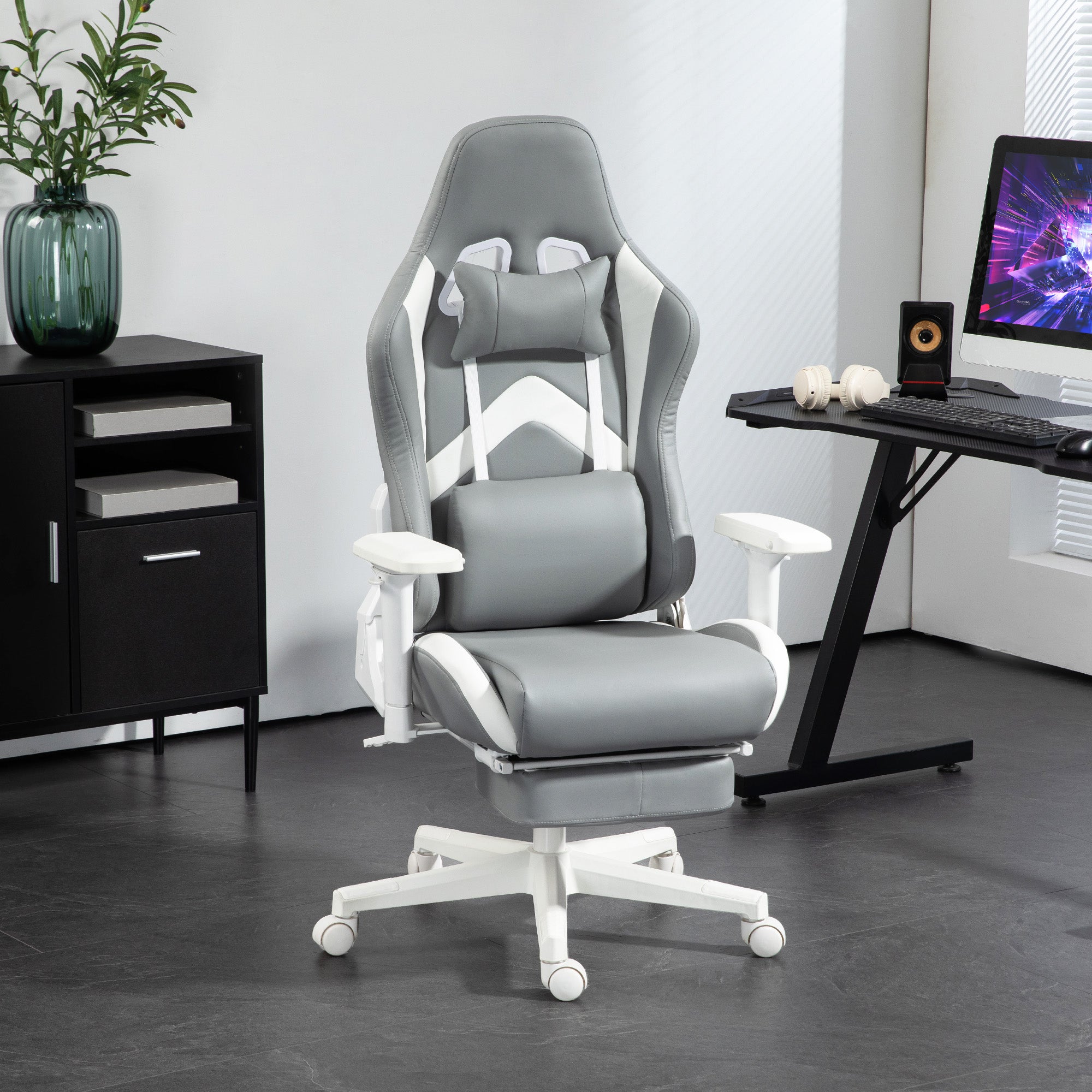 Gaming Chair Gamer Chair Reclining with Adjustable Height Retractable Footrest Lumbar Support and Detachable Headrest Office Chair Light Gray and White