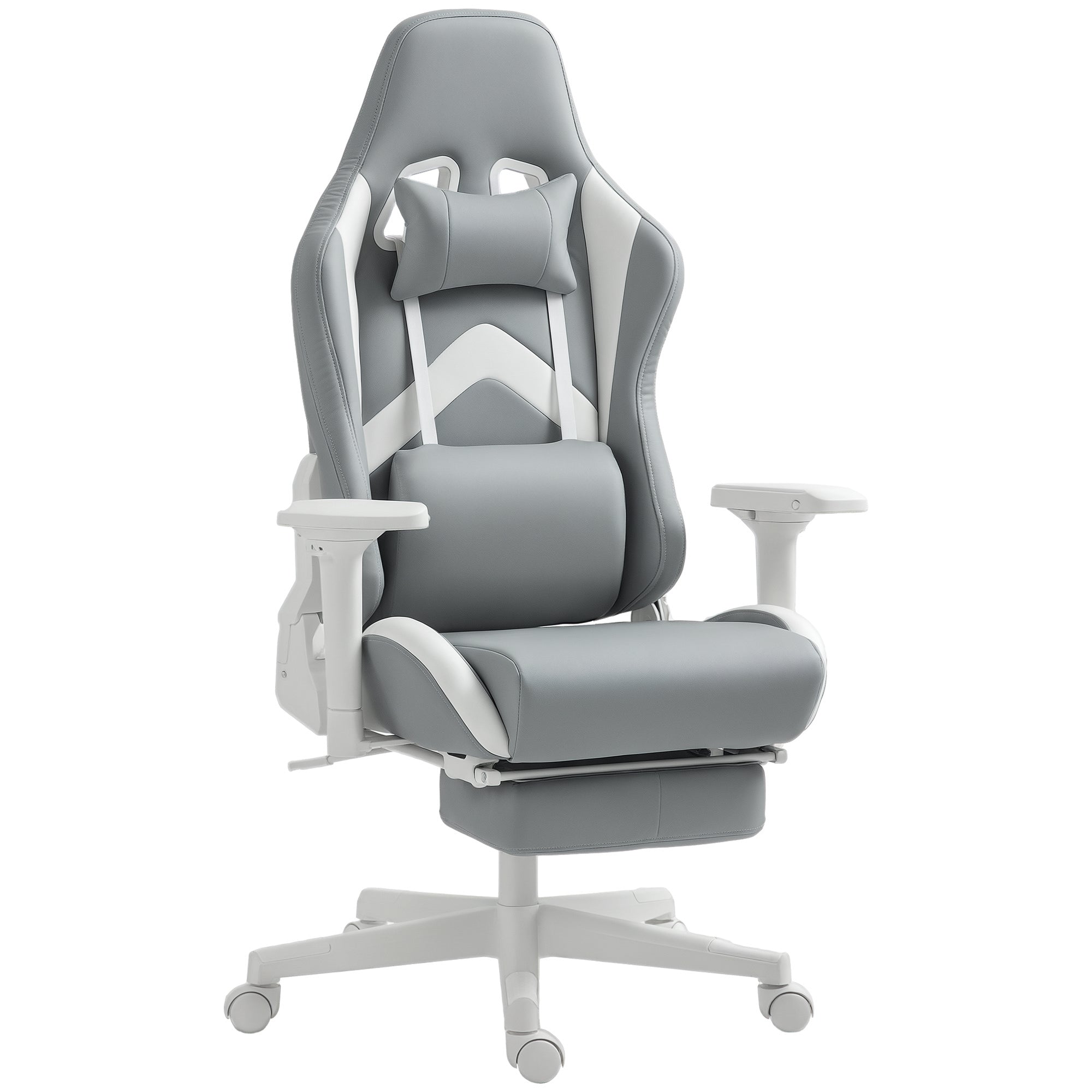 Gaming Chair Gamer Chair Reclining with Adjustable Height Retractable Footrest Lumbar Support and Detachable Headrest Office Chair Light Gray and White