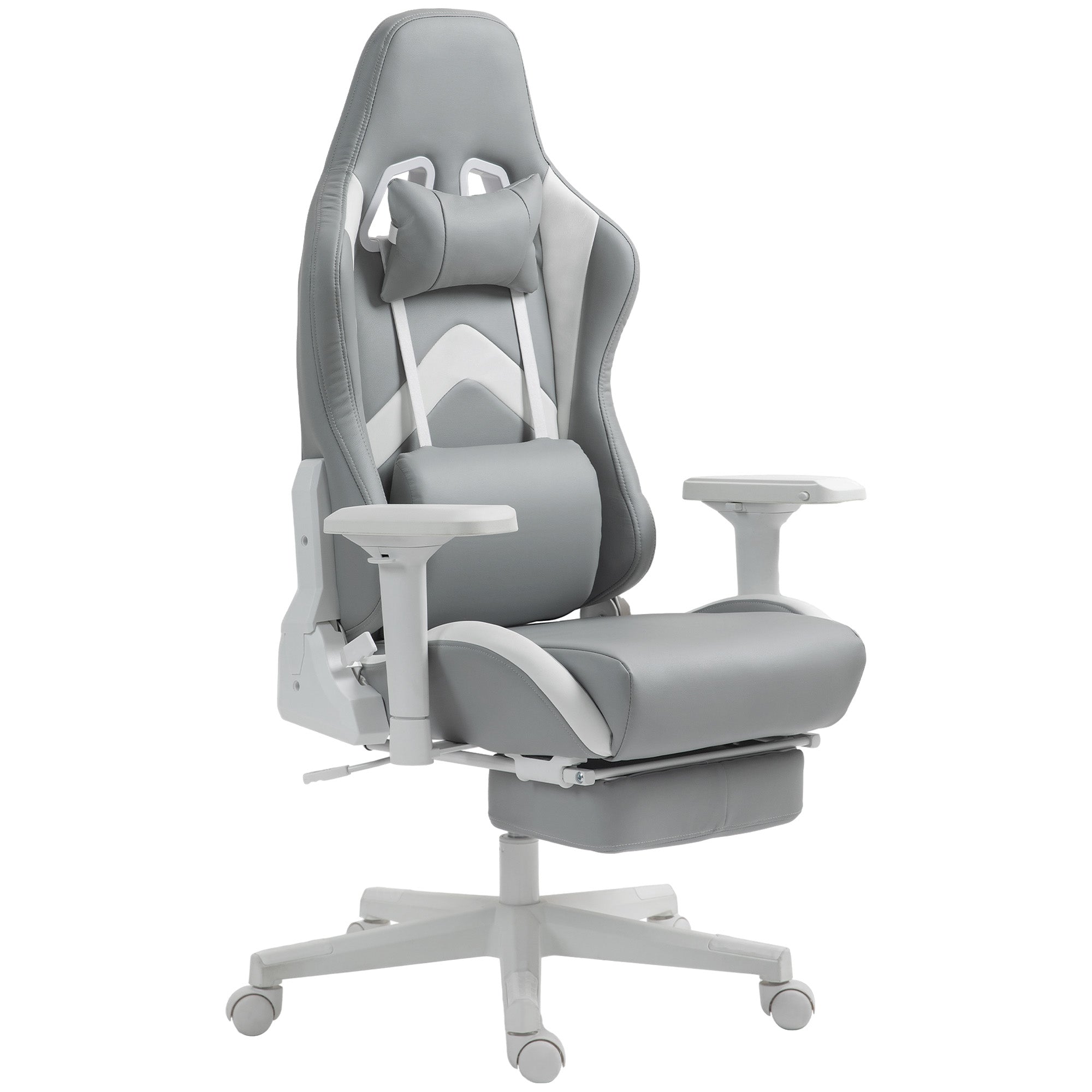 Gaming Chair Gamer Chair Reclining with Adjustable Height Retractable Footrest Lumbar Support and Detachable Headrest Office Chair Light Gray and White