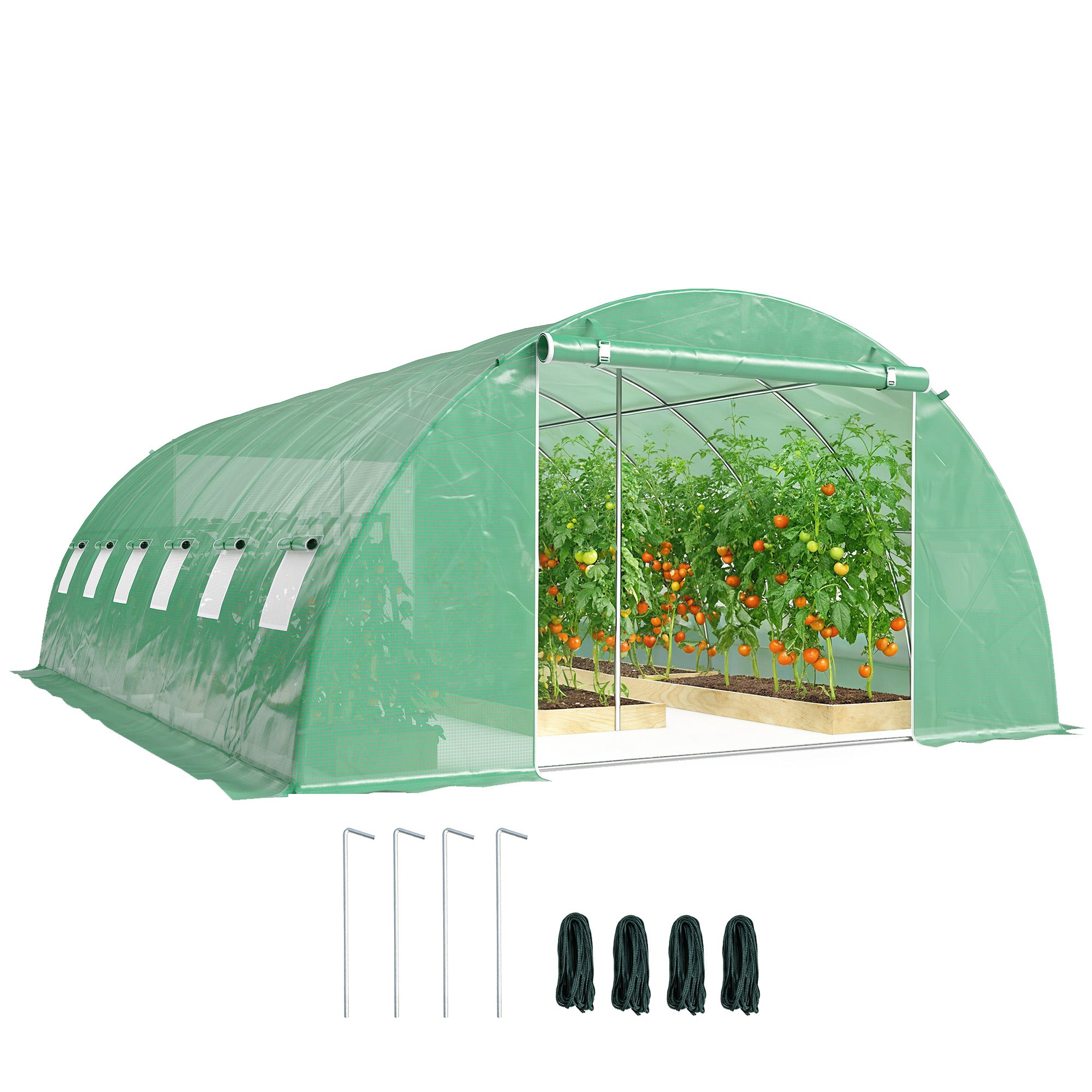 Outdoor Greenhouse 6 x 4 x 2 m (19.7 x 13.1 x 6.6 ft) Tunnel Greenhouse with 2 Support Bars, Roll-Up Doors, Mesh Windows, PE Cover & Galvanized Steel Frame, UV-Proof, Waterproof, Green