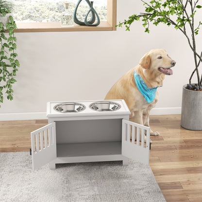 Feeding Bowl, Elevated Feeding Station with 2L Stainless Steel Bowl, Storage Space, Double Locking Door, Dog Bar for Extra Large Dogs, White