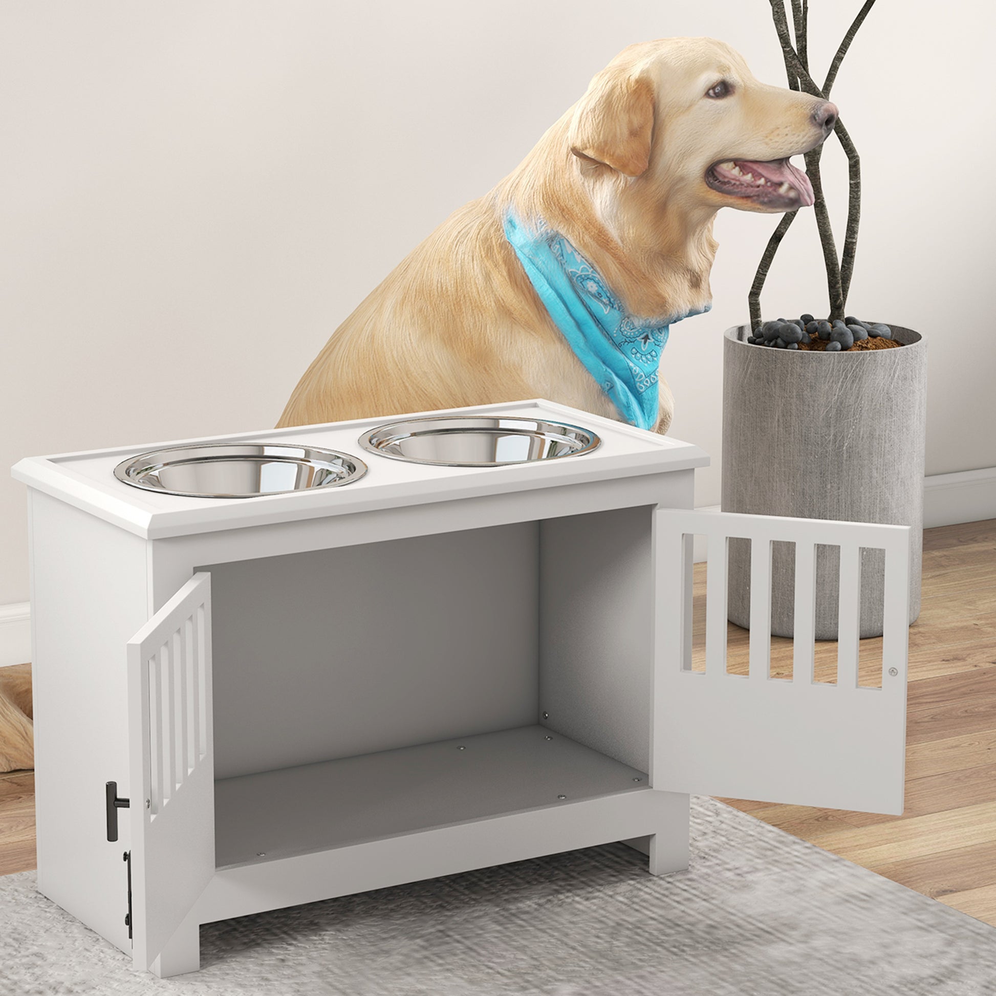 Feeding Bowl, Elevated Feeding Station with 2L Stainless Steel Bowl, Storage Space, Double Locking Door, Dog Bar for Extra Large Dogs, White