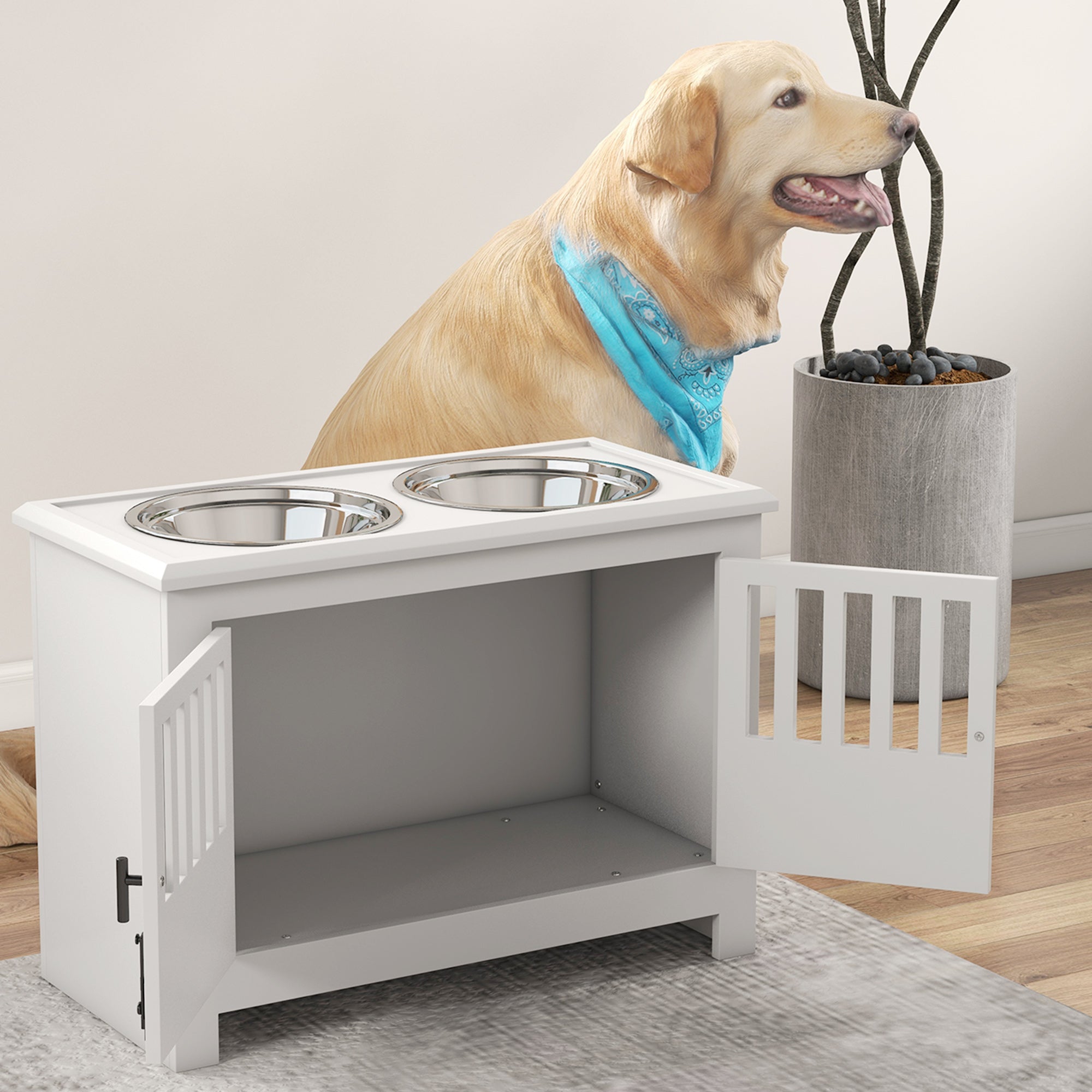 Feeding Bowl, Elevated Feeding Station with 2L Stainless Steel Bowl, Storage Space, Double Locking Door, Dog Bar for Extra Large Dogs, White
