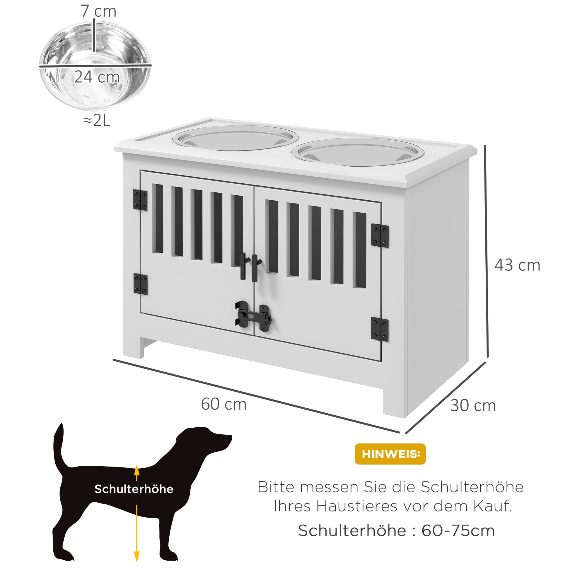 Feeding Bowl, Elevated Feeding Station with 2L Stainless Steel Bowl, Storage Space, Double Locking Door, Dog Bar for Extra Large Dogs, White